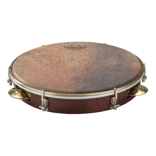 Remo - PD-8210-81-213 - Pandeiro, Samba Choro Pandeiro, 10" X 1.75" Key-Tuned, Skyndeep Goat Brown Ultratac Drumhead, Chrome Jingles, Antique Veneer, Brown Finish