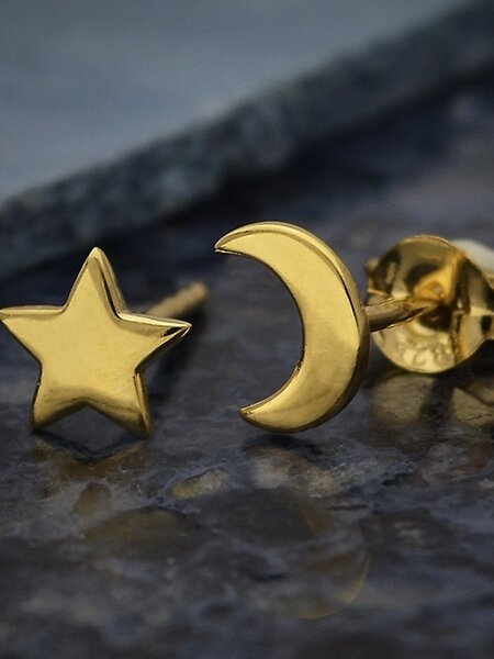 Star89 14K Shiny Gold Plated Star and Moon Post Earrings 7x5mm