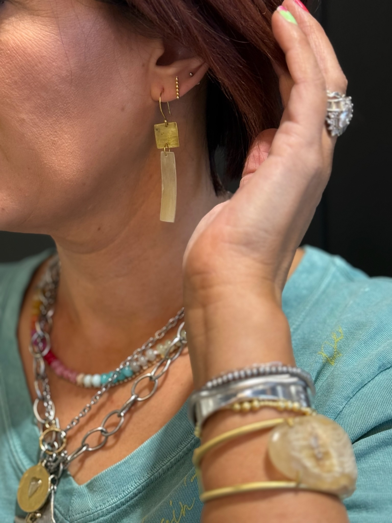 BUFFALO HORN & BRASS Linked Square & Rectangular Earrings