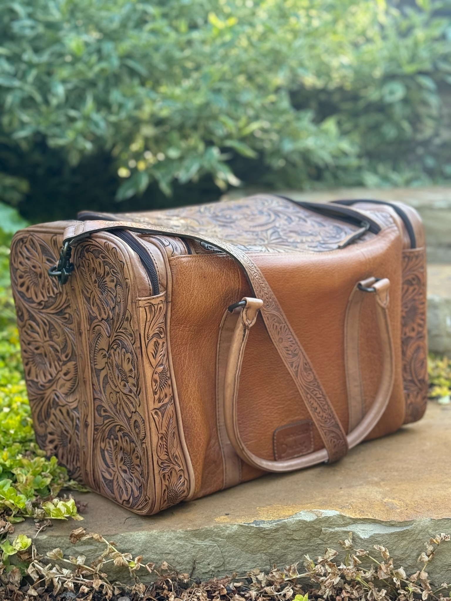 LEATHER HAND TOOLED Duffel, The WYOMING ROSE