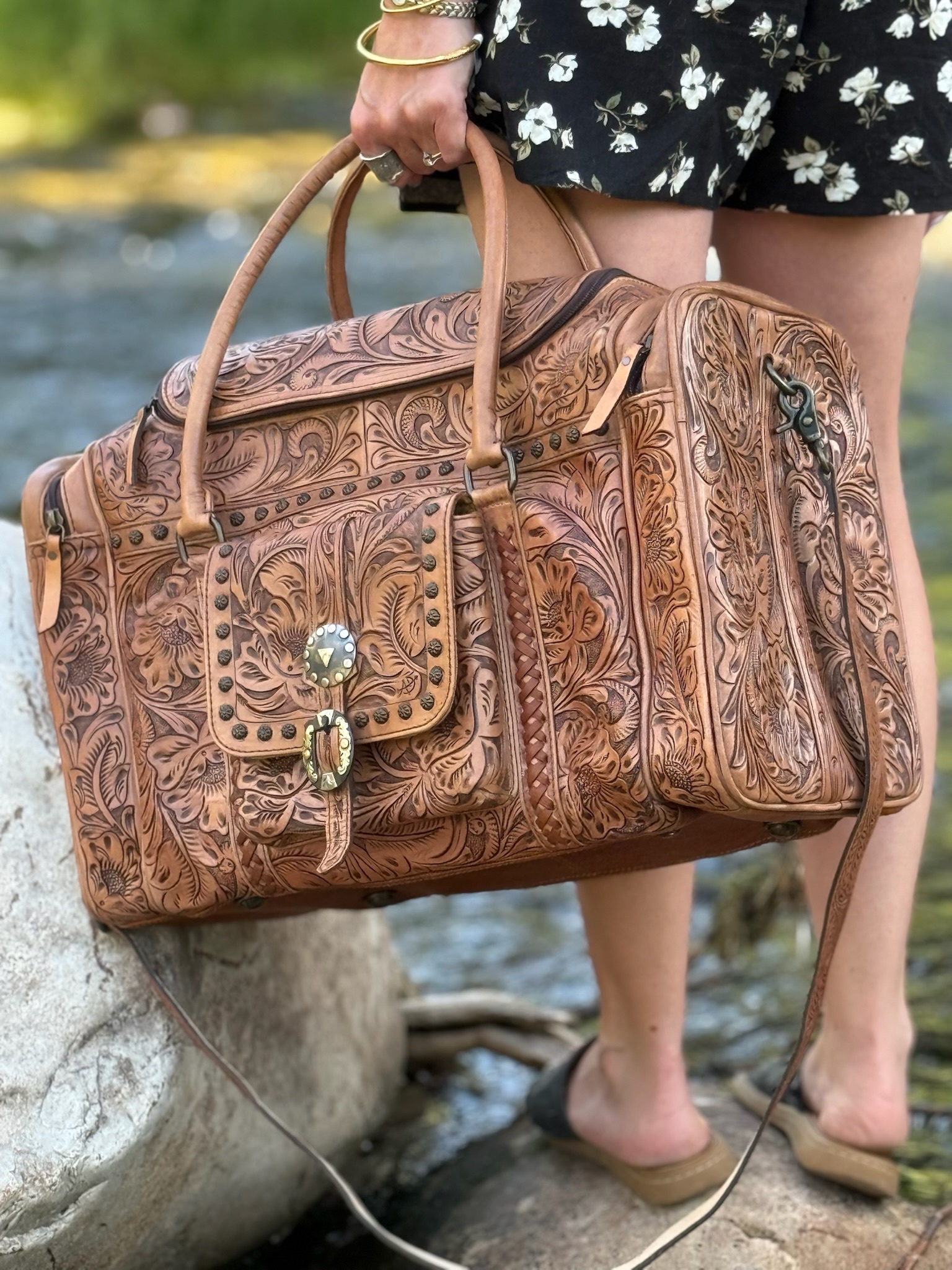 LEATHER HAND TOOLED Duffel, The WYOMING ROSE