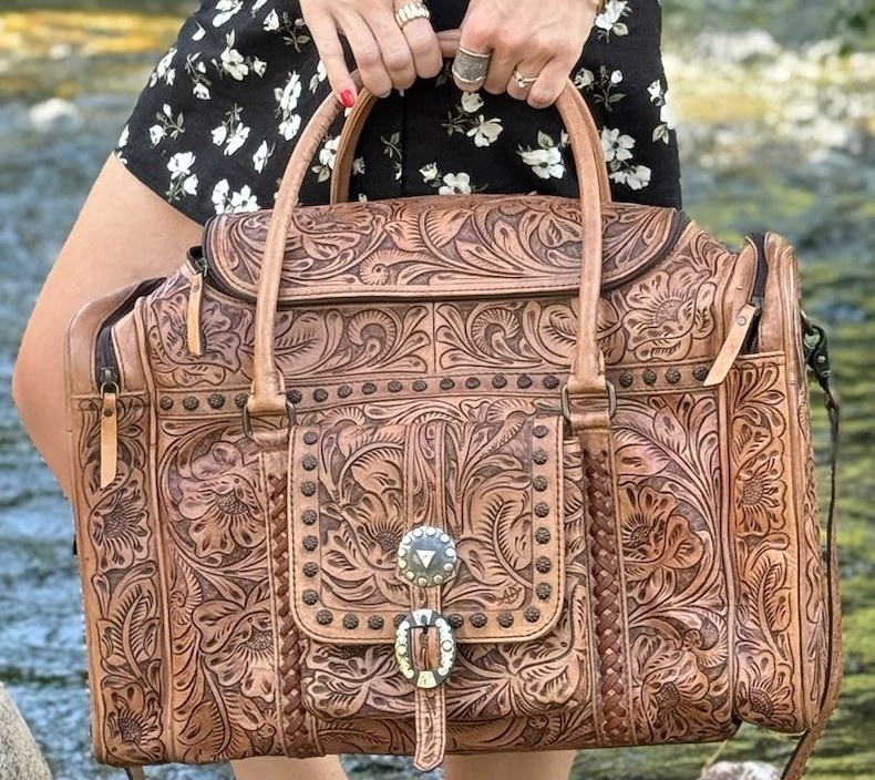 LEATHER HAND TOOLED Duffel, The WYOMING ROSE