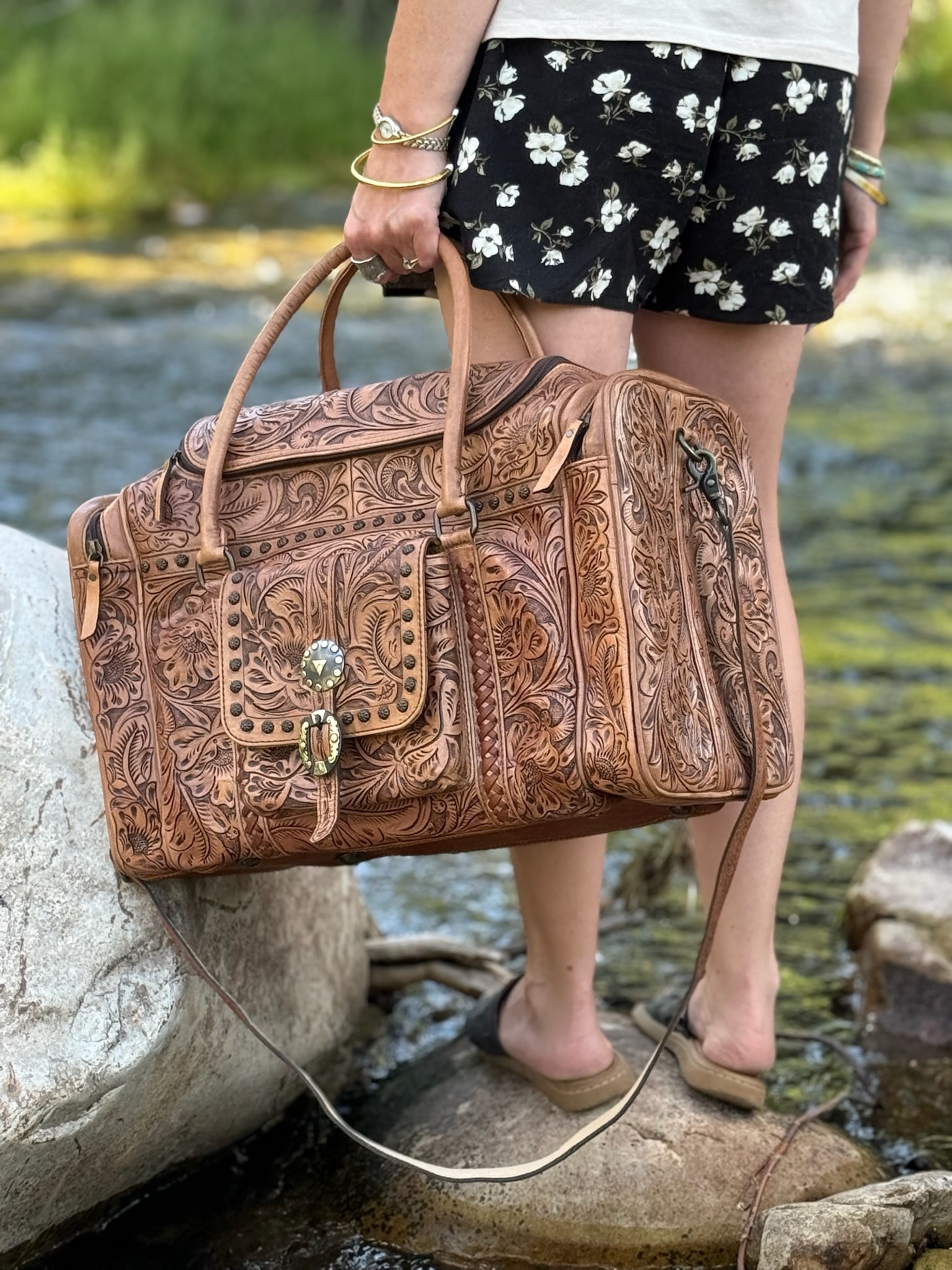 LEATHER HAND TOOLED Duffel, The WYOMING ROSE