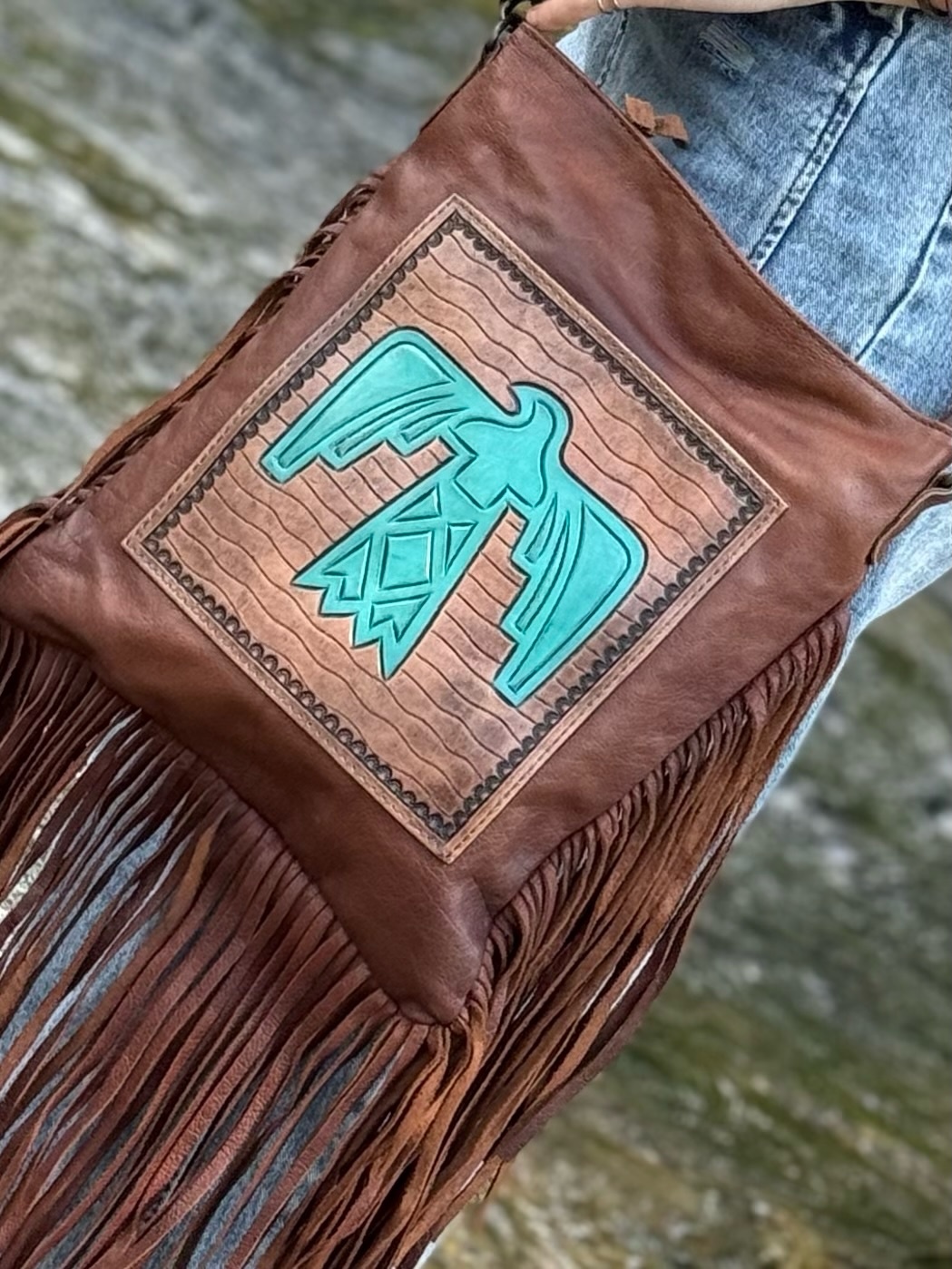 LEATHER HAND TOOLED Crossbody Bag FRINGY FREE BIRD+TURQ