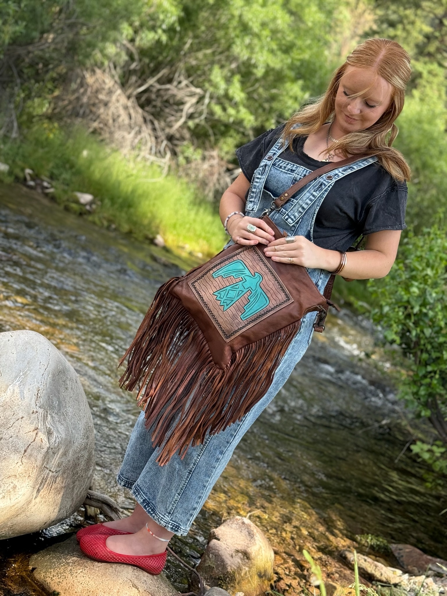 LEATHER HAND TOOLED Crossbody Bag FRINGY FREE BIRD+TURQ