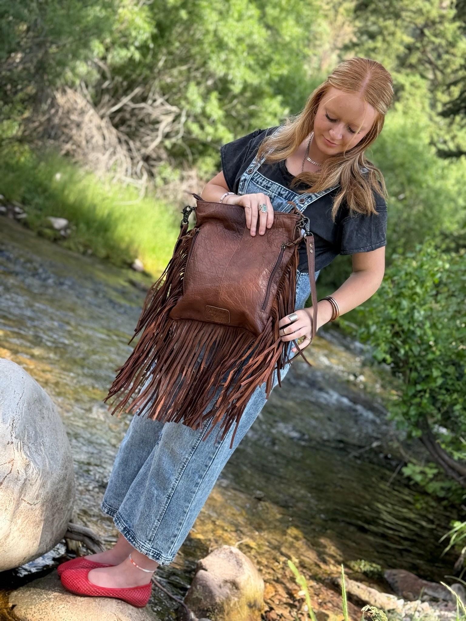 LEATHER HAND TOOLED Crossbody Bag FRINGY FREE BIRD+TURQ