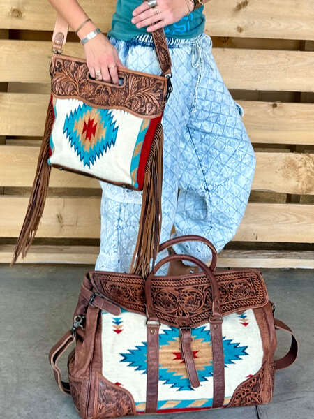 SPIRIT in the SKY WOOL & HAND-TOOLED LEATHER DUFFEL   LSW