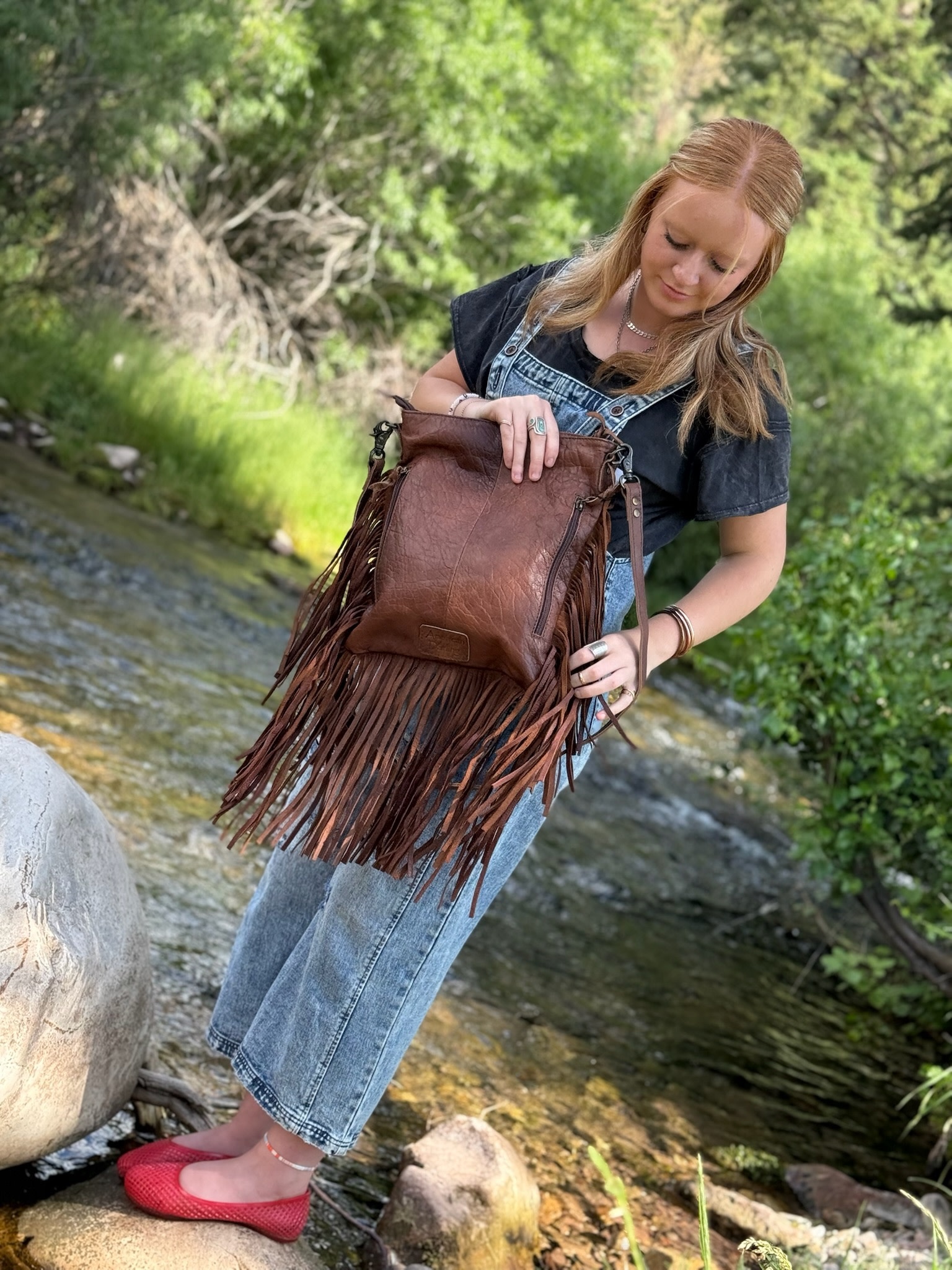 LEATHER HAND TOOLED Crossbody Bag FRINGY FREE BIRD+TURQ