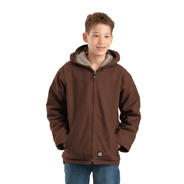 BERNE WORKWEAR YOUTH SHERPA-LINED DUCK HOODED JACKET - BARK