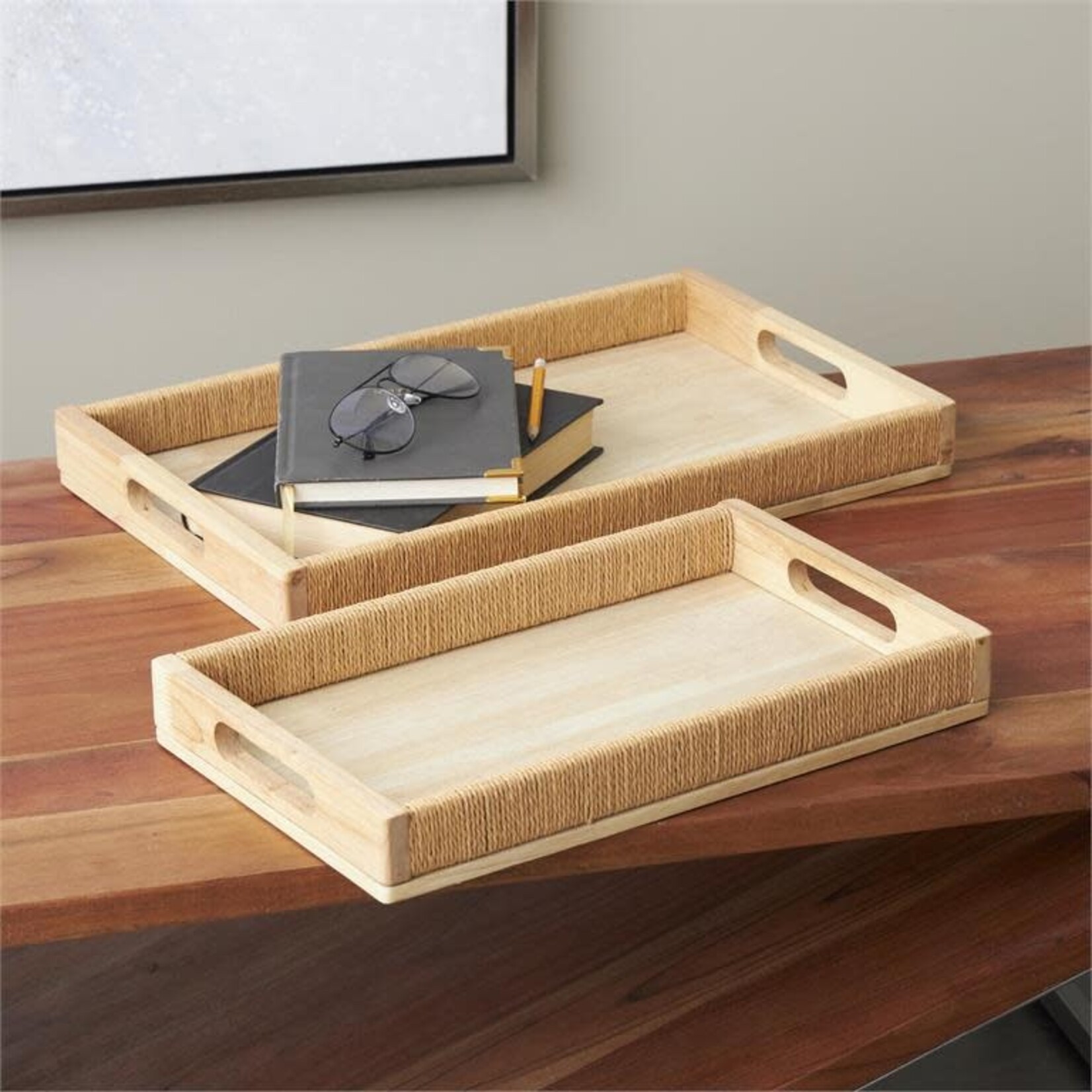 Uma 13515 Wood Rattan Tray s/2