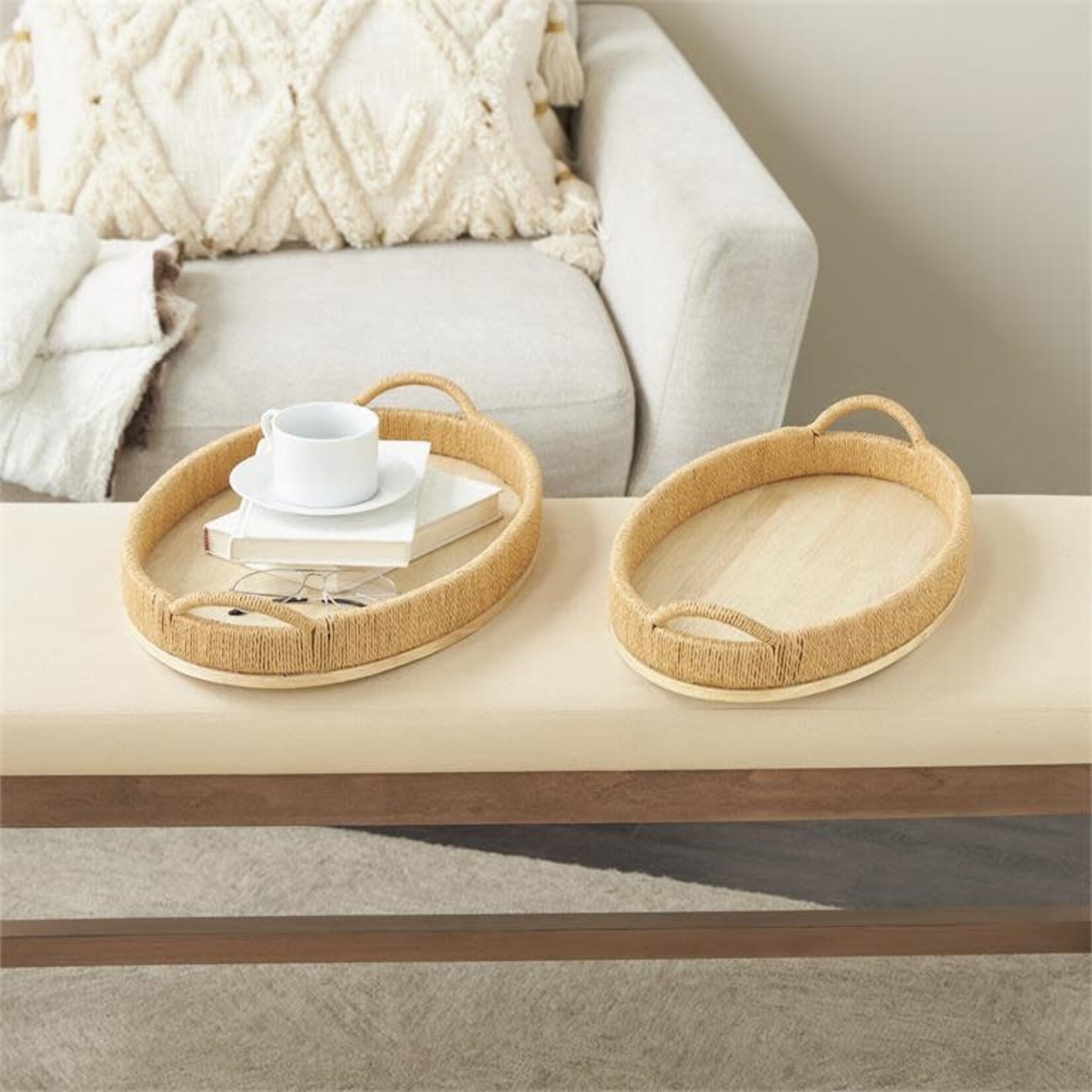 Uma 13514 Wood Rattan Tray s/2