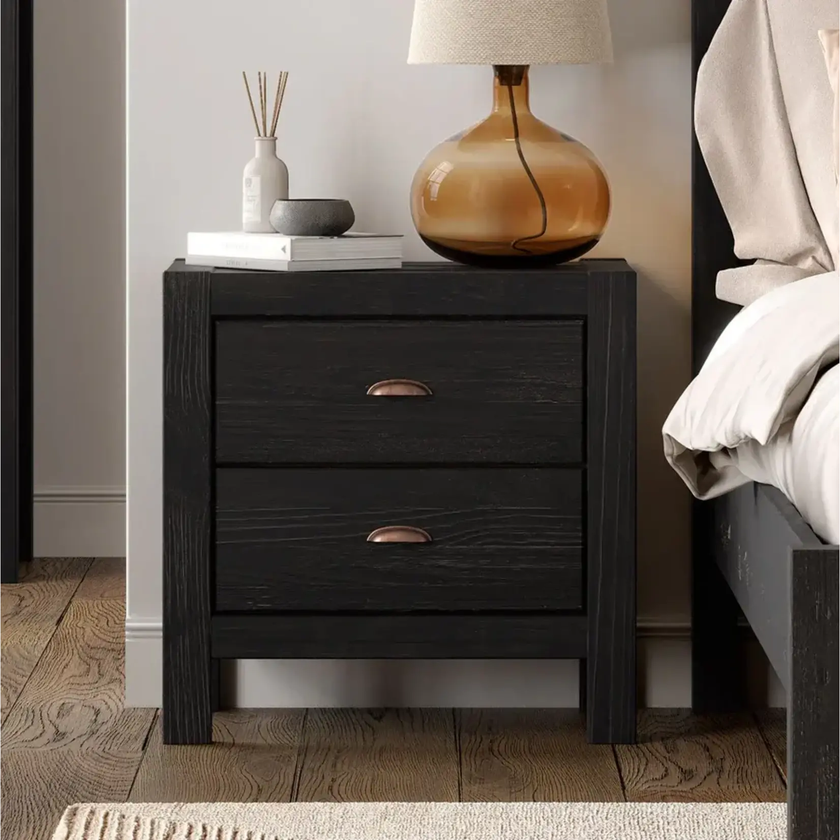 GrainWood Montauk 2 Drawer Nightstand - Solid Wood - Rustic Farmhouse Black
