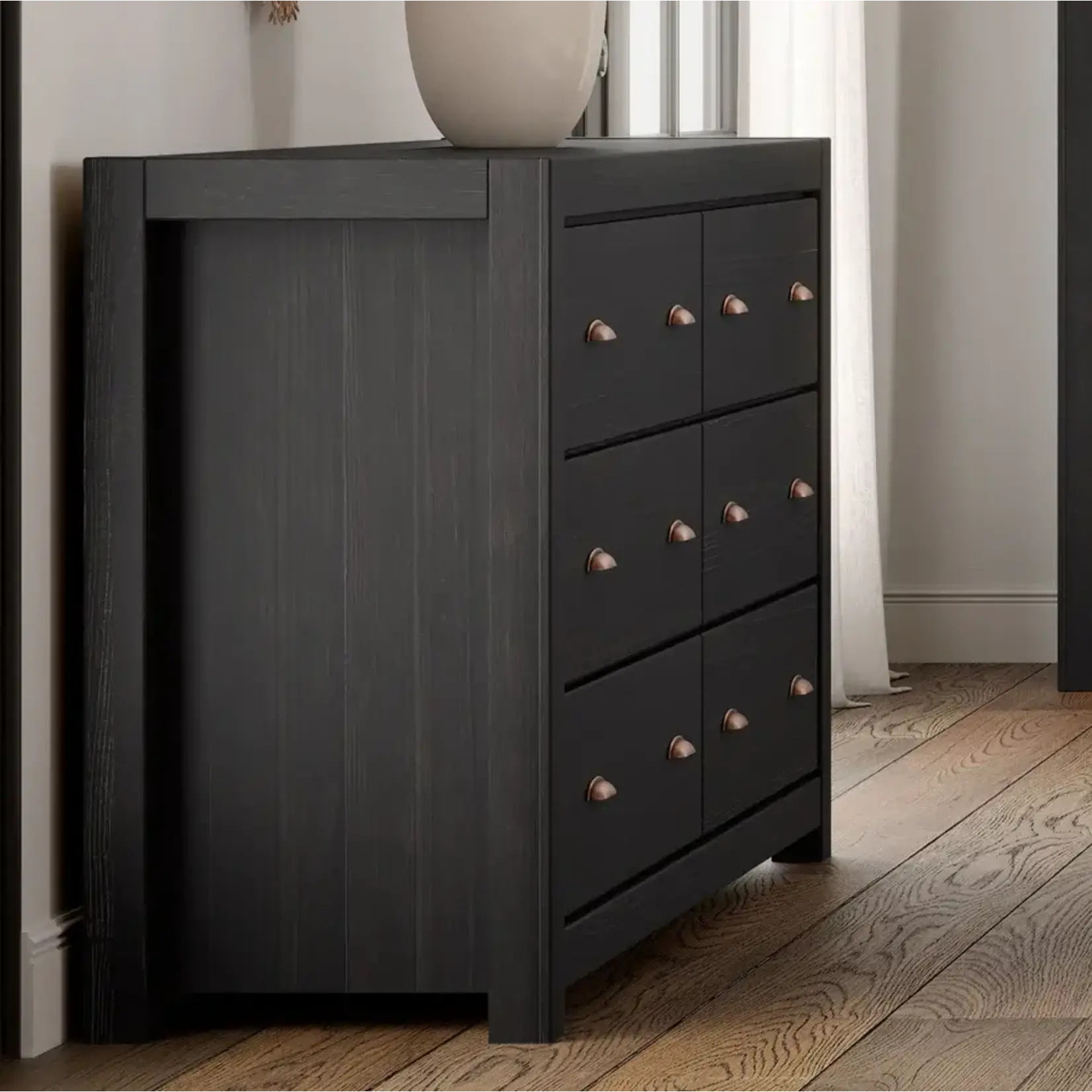 GrainWood Montauk 6 Drawer Dresser - Solid Wood - Rustic Farmhouse Black