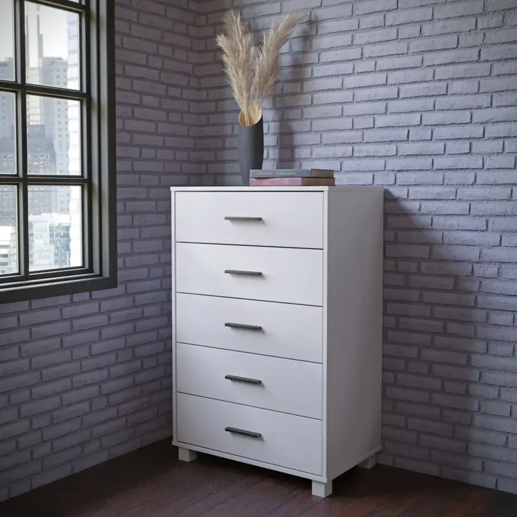GrainWood LOFT 5 Drawer Chest - Solid Wood - Finish Brushed White