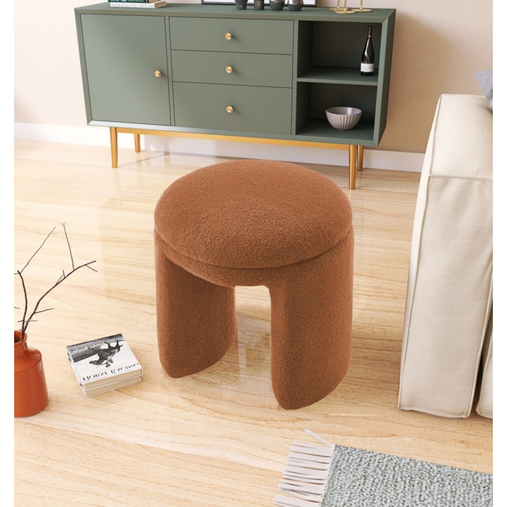 Bowen Faux Shearling Teddy Fabric Upholstered Stool Saddle