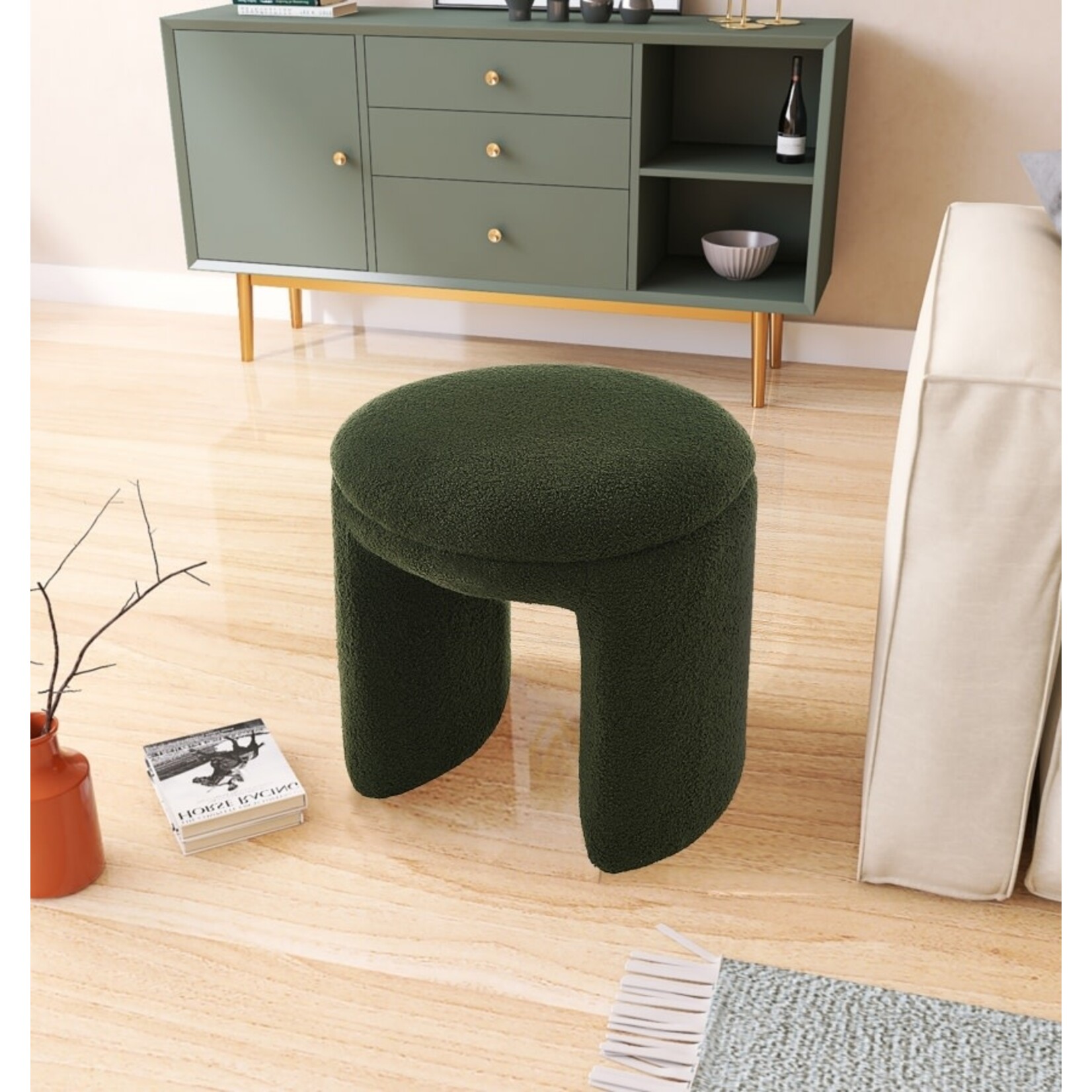Bowen Faux Shearling Teddy Fabric Upholstered Stool Green