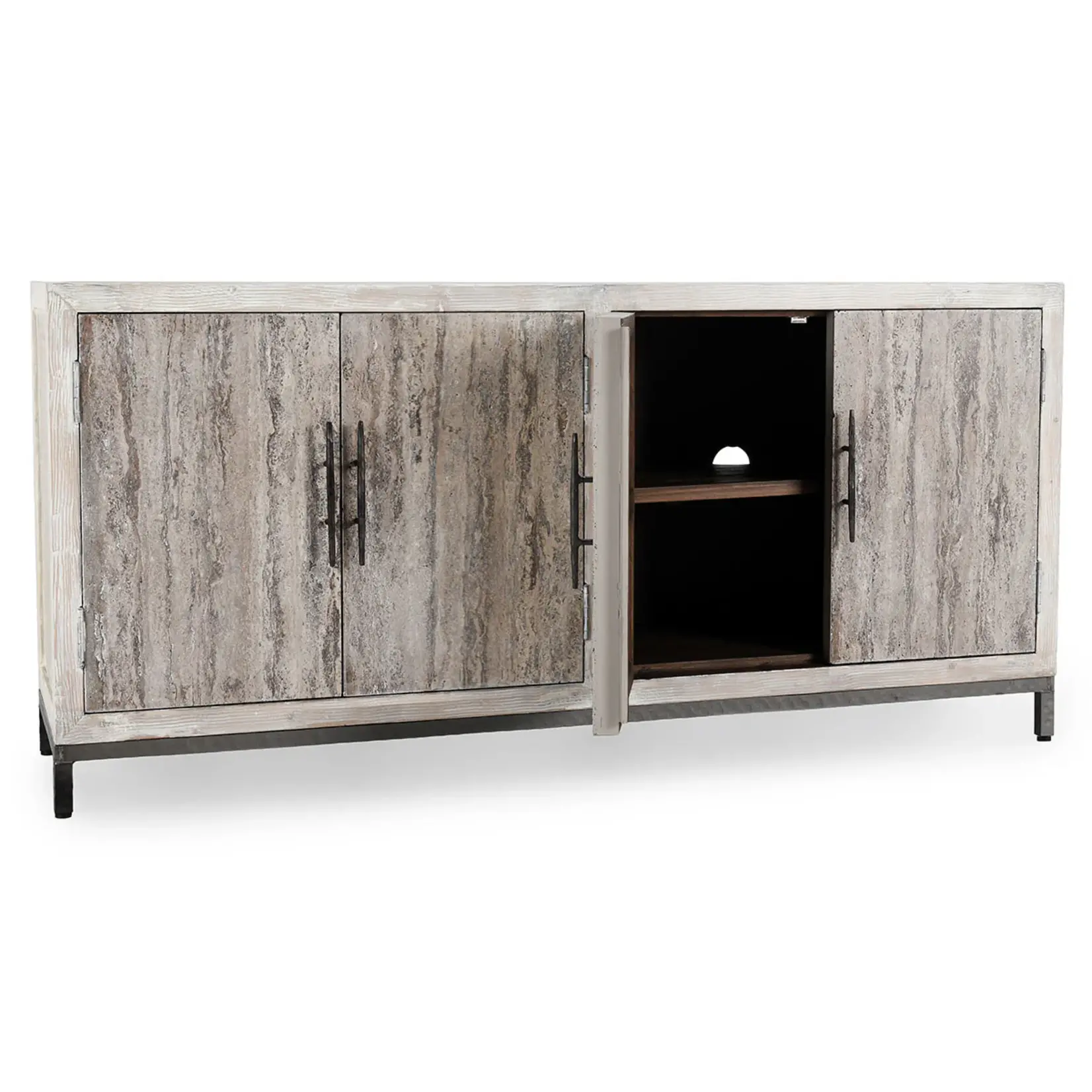 Classic Home Lisbon Reclaimed Pine 4Dr Cabinet Timeworn Cream/Travertine