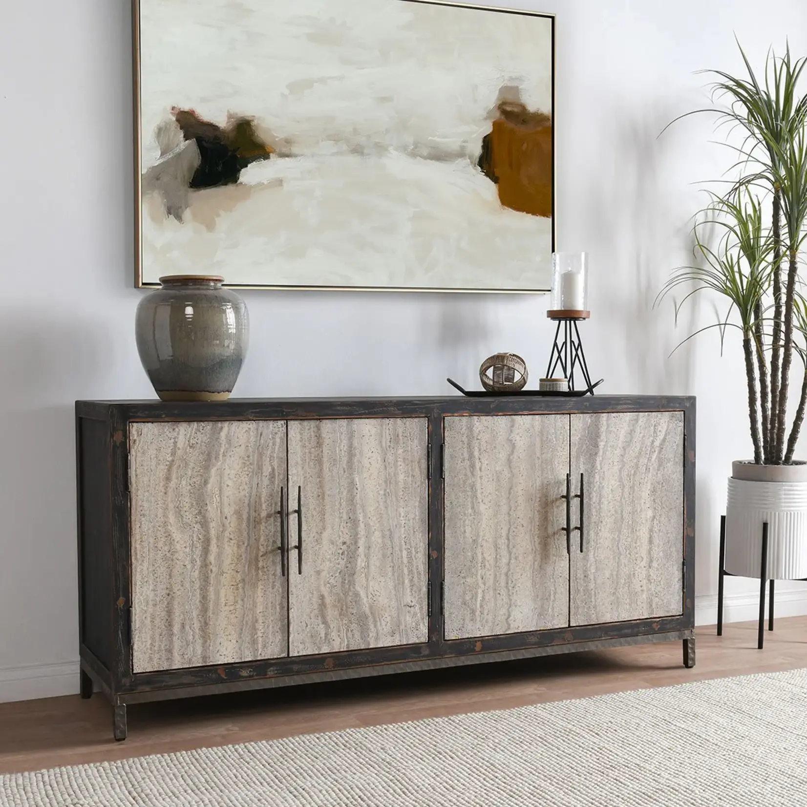 Classic Home Lisbon Reclaimed Pine 4Dr Cabinet Weathered Black/Travertine