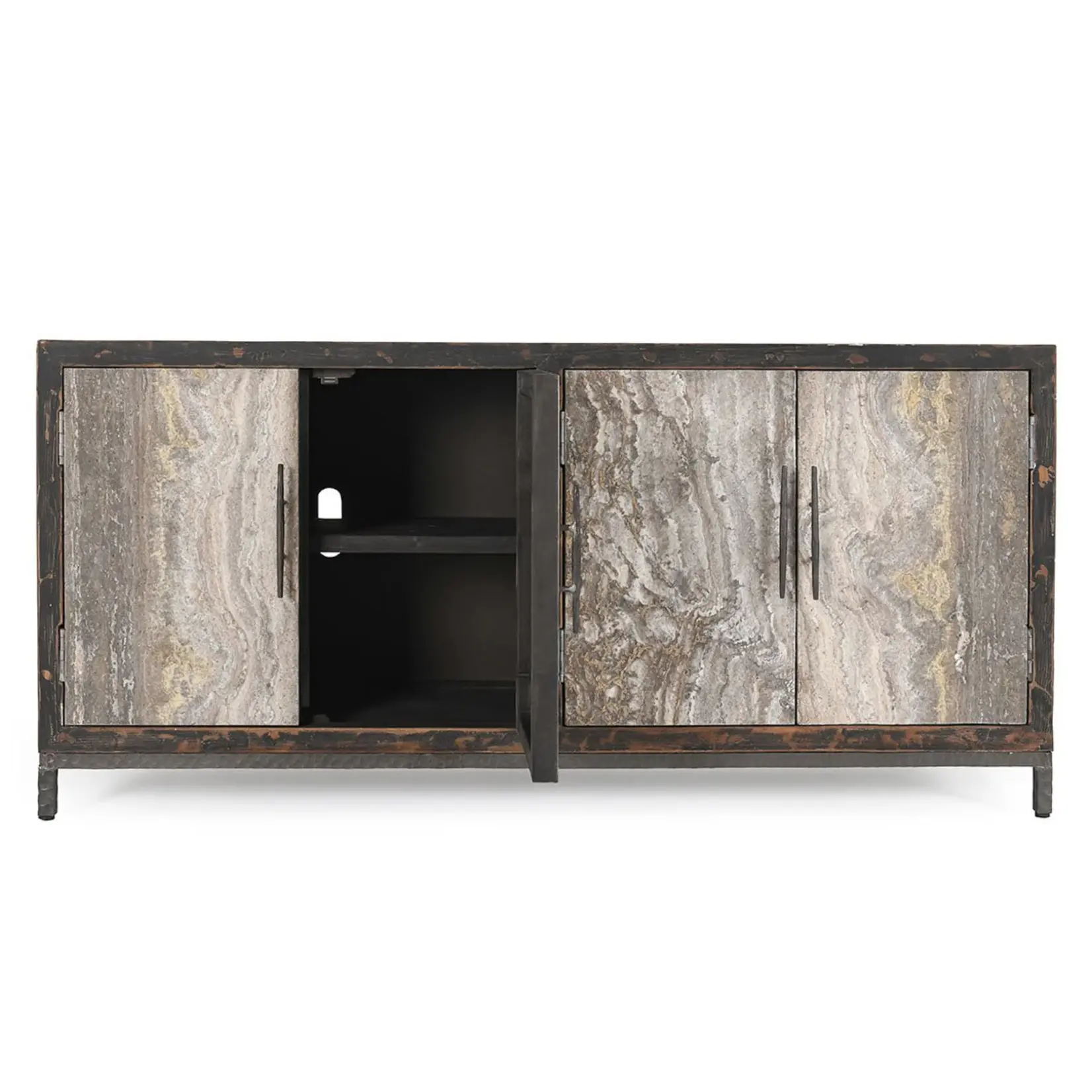 Classic Home Lisbon Reclaimed Pine 4Dr Cabinet Weathered Black/Travertine