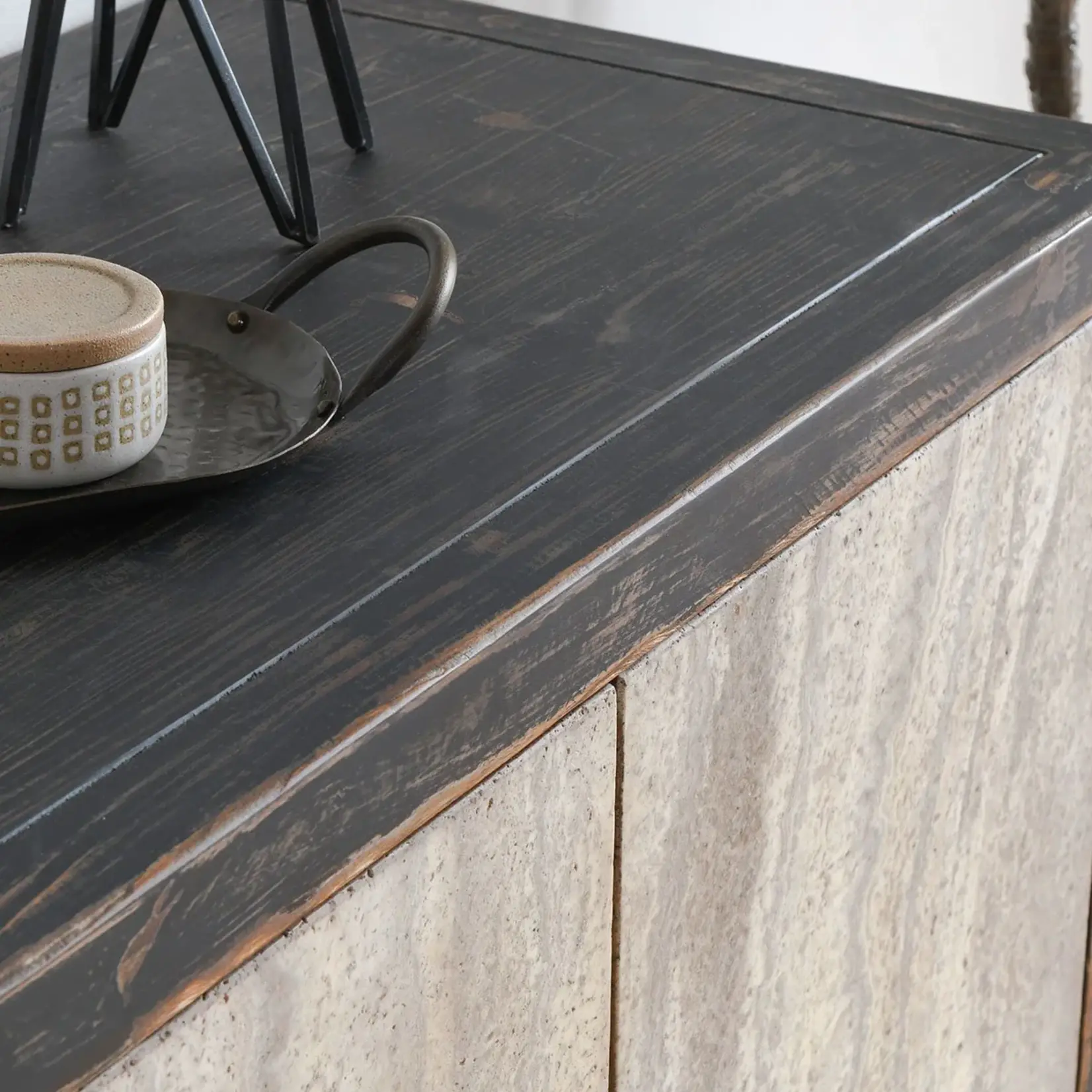 Classic Home Lisbon Reclaimed Pine 4Dr Cabinet Weathered Black/Travertine