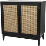 Uma Black Wood 1 Shelf and 2 Door Room Cabinet with Cane Front Doors and Gold Handles