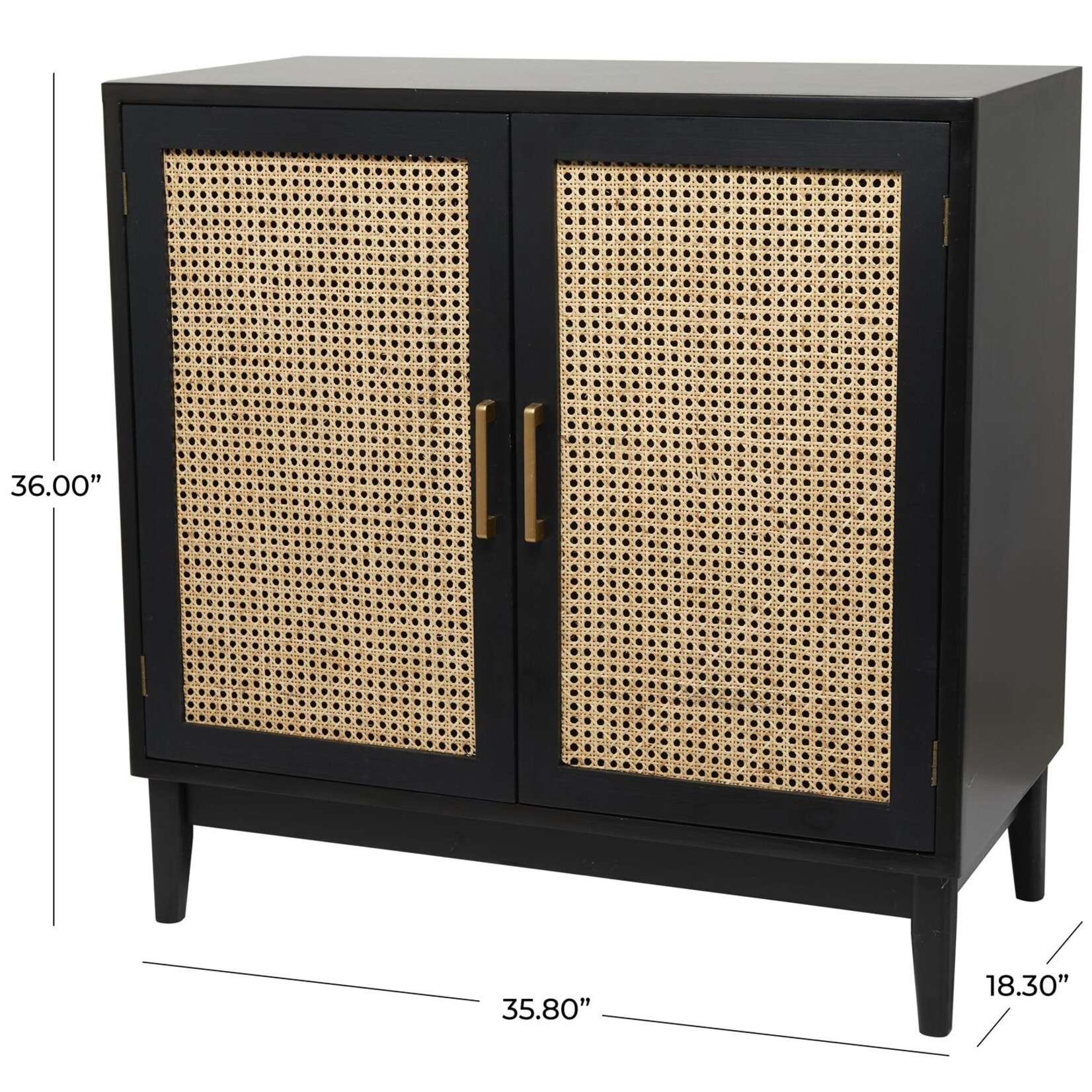 Uma Black Wood 1 Shelf and 2 Door Room Cabinet with Cane Front Doors and Gold Handles