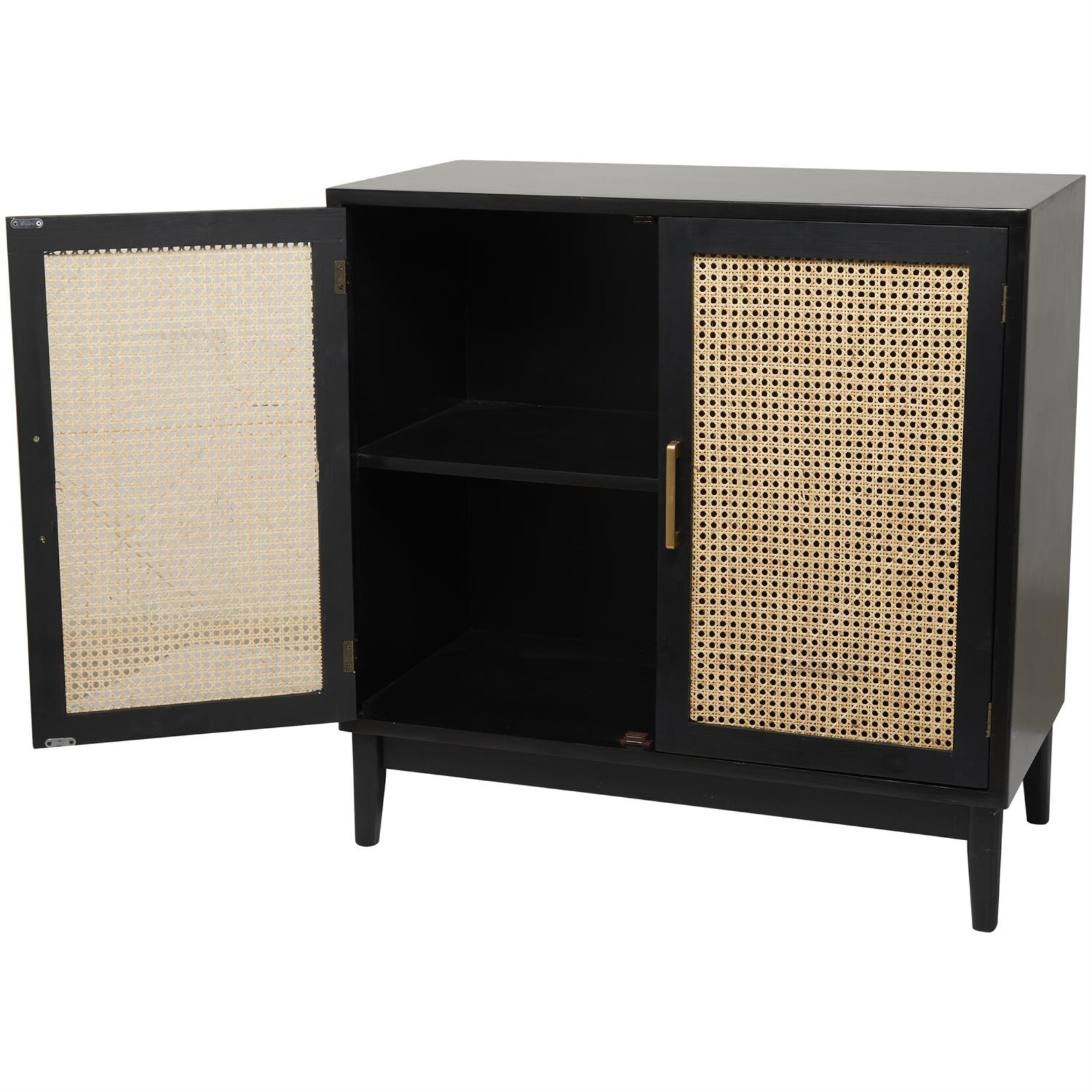 Uma Black Wood 1 Shelf and 2 Door Room Cabinet with Cane Front Doors and Gold Handles