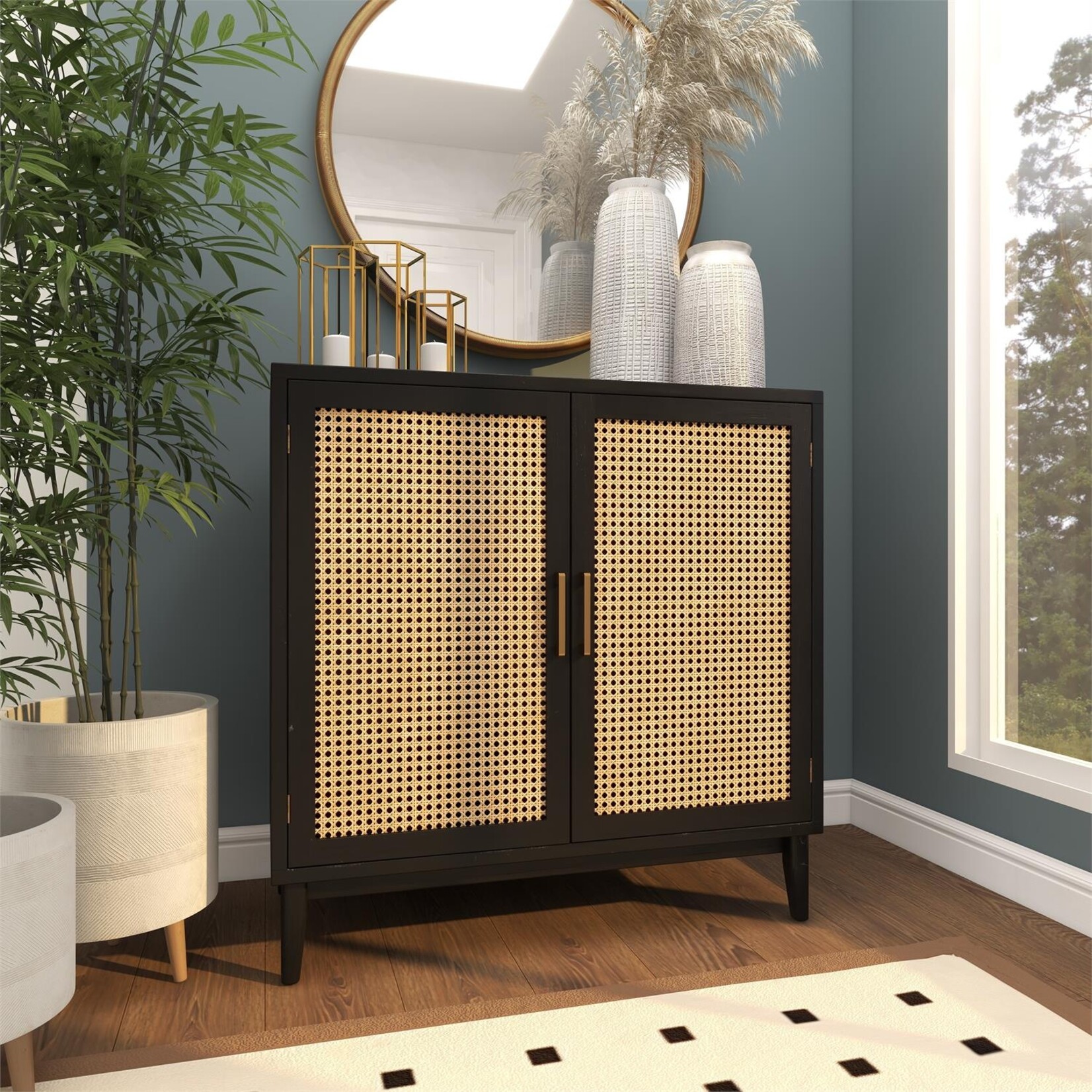 Uma Black Wood 1 Shelf and 2 Door Room Cabinet with Cane Front Doors and Gold Handles