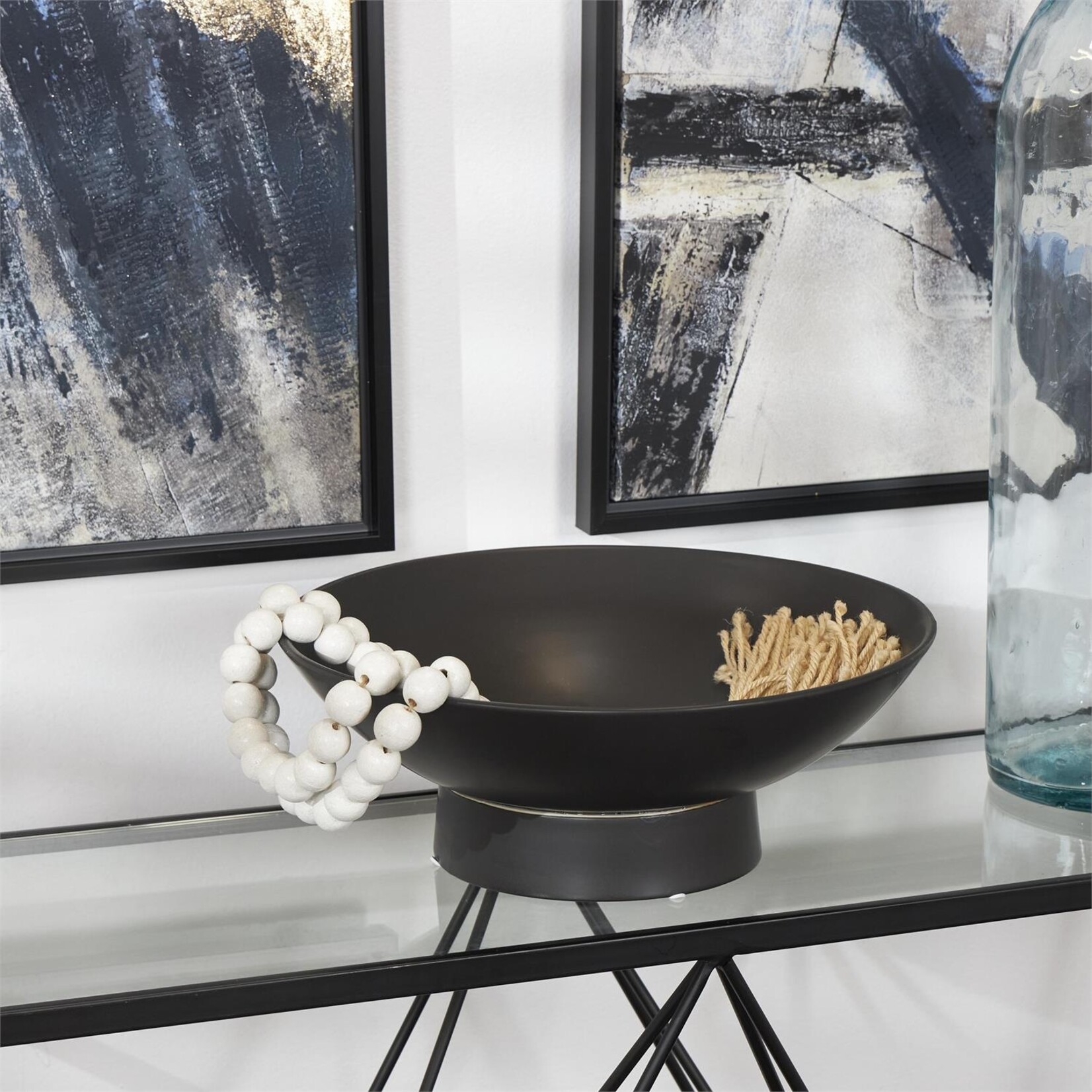 Uma Black Ceramic Wide Decorative Bowl with Elevated Base