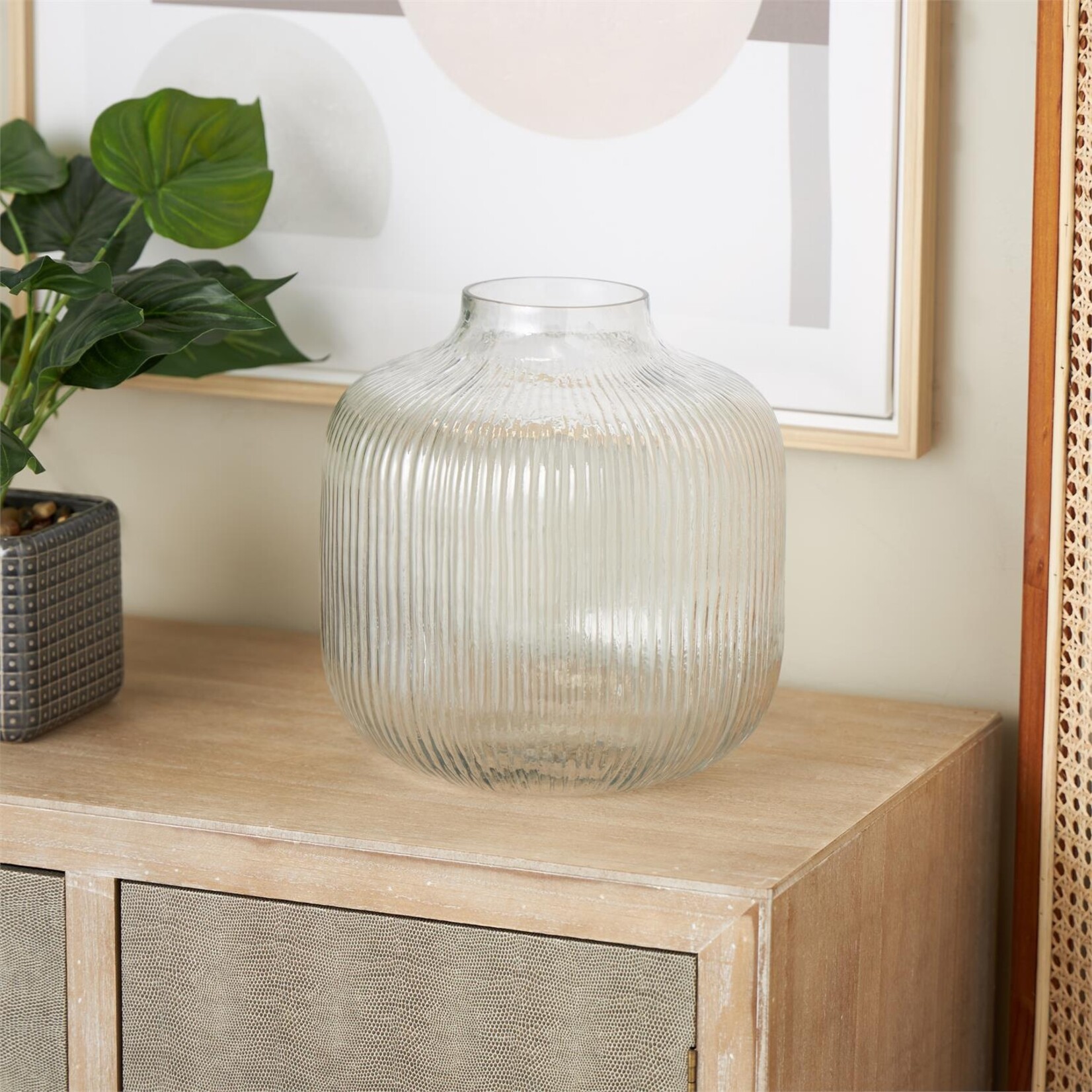 Uma Clear Glass Short Round Ribbed Fluted Decorative Vase