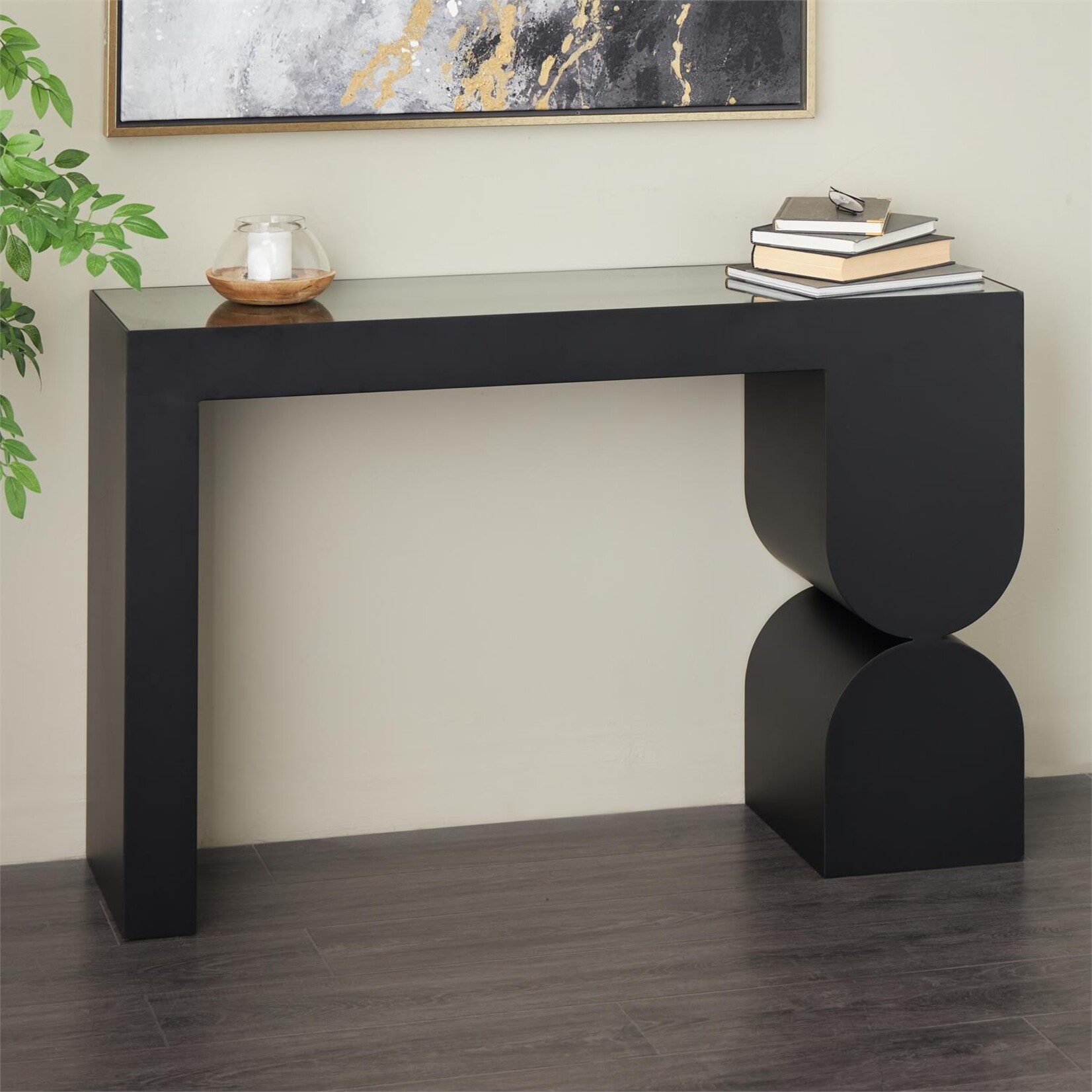 Uma Black Metal Geometric Rectangular Living Room Console Table with Stacked Arched Table Leg