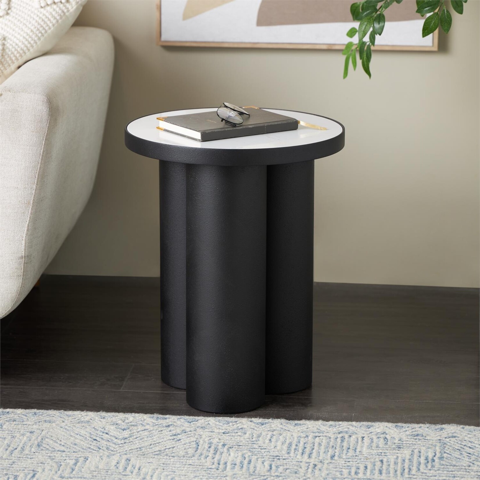 Uma Black Metal Side End Accent Table with White Marble Tabletop
