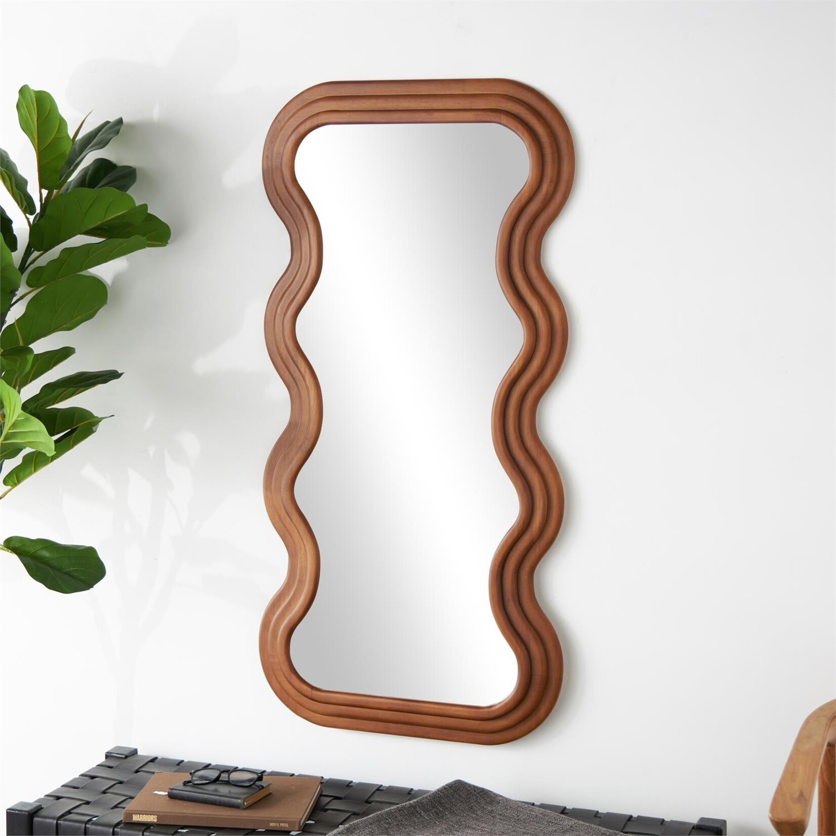 Uma Brown Wood Wavy Room Wall Mirror with Dimensional Carved Frame