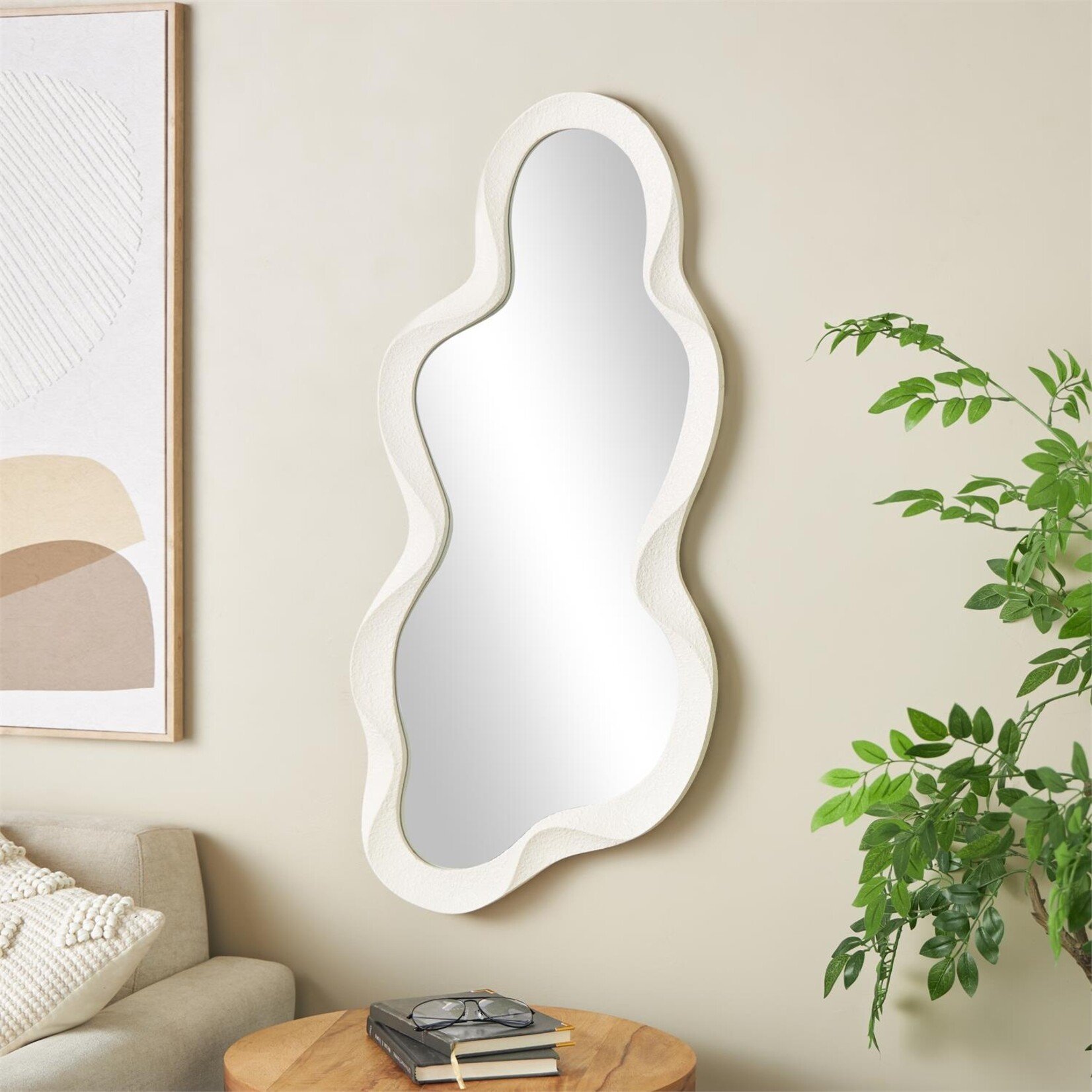 Uma White Wood Abstract Wavy Room Wall Mirror with Dimensional Frame