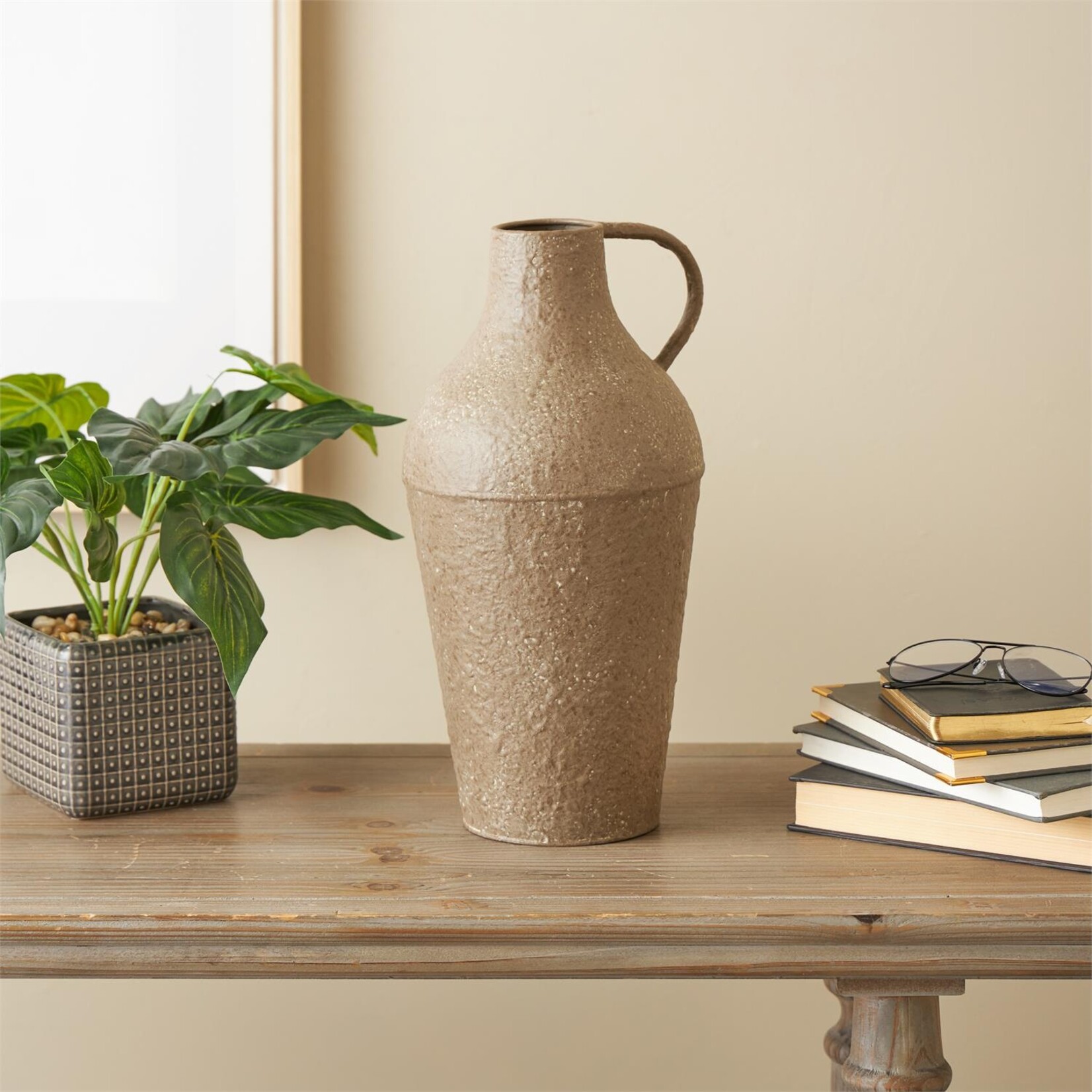 Uma Brown Metal Antique Inspired Decorative Vase with Handle