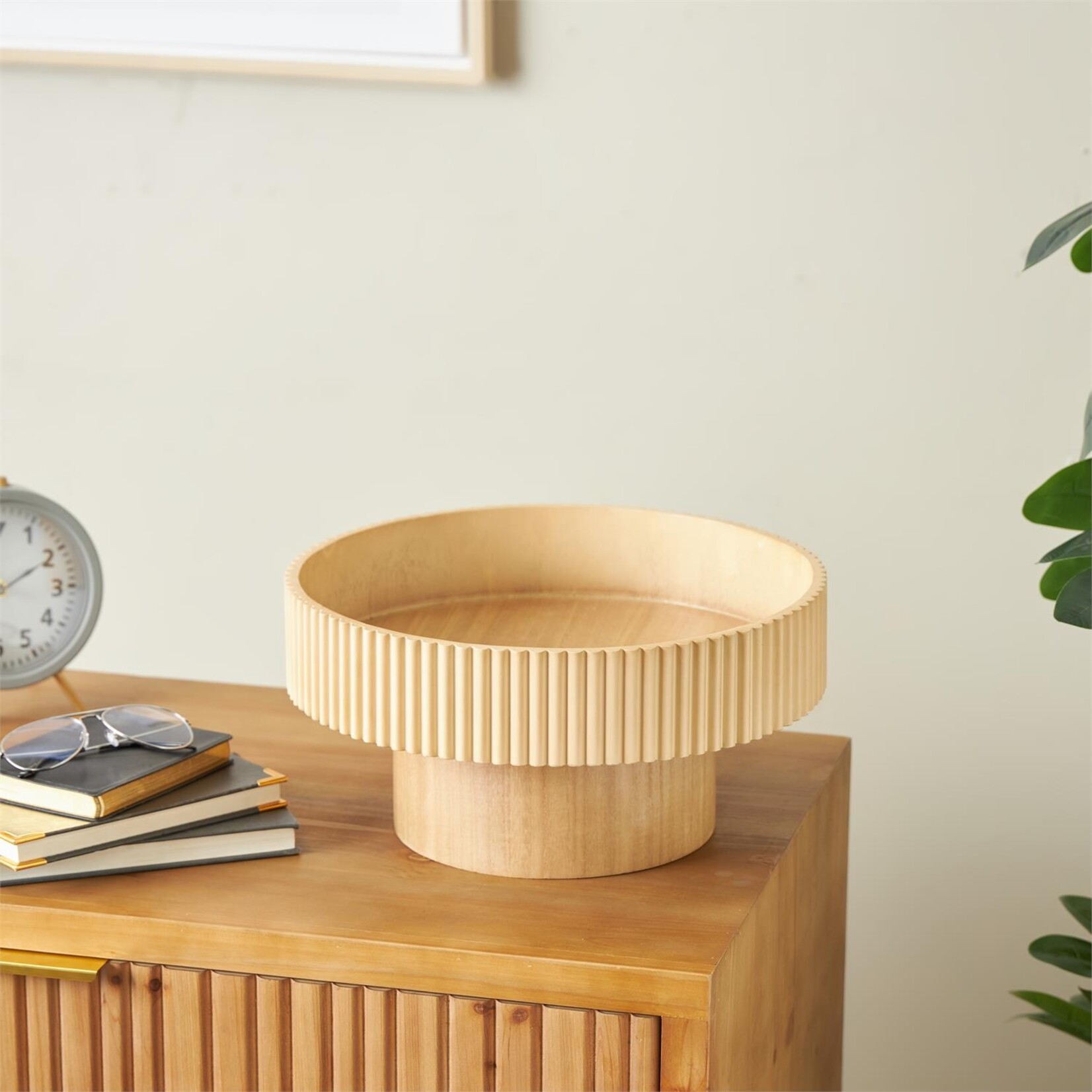 Uma Light Brown Wood Ribbed Decorative Bowl with Elevated Base