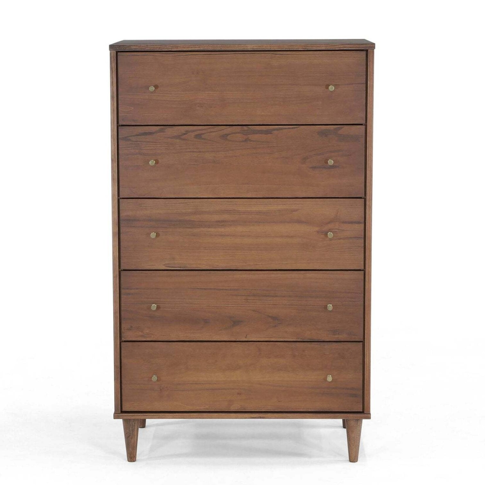 GrainWood MID CENTURY 5 Drawer Chest - Solid Wood - Finish Brushed Walnut STURDY