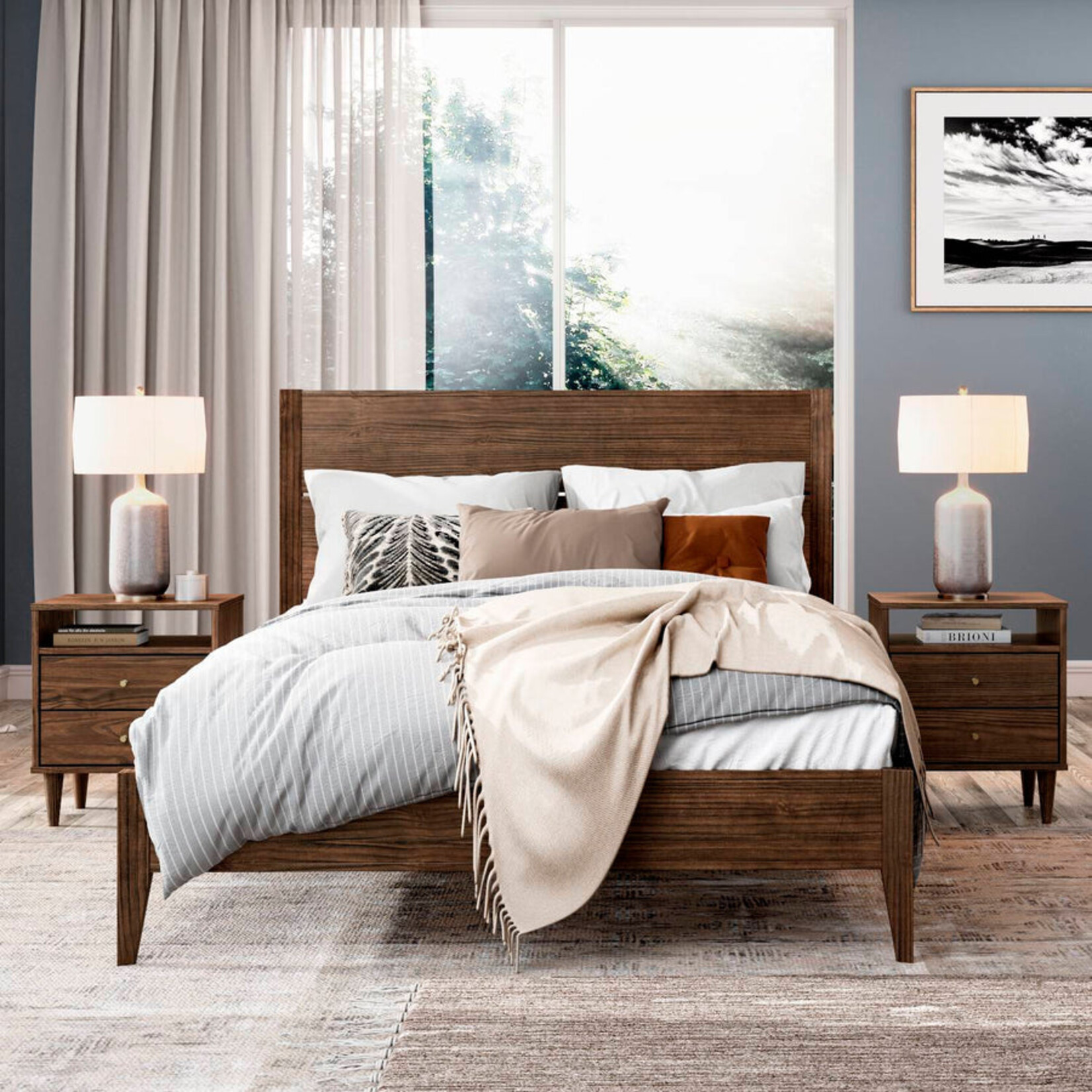 GrainWood MID CENTURY Queen Platform Bed - Solid Wood - Finish Brushed Walnut