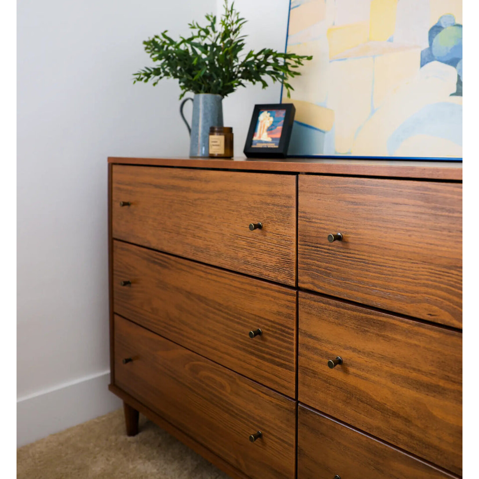 GrainWood MID CENTURY 6 Drawer Dresser - Solid Wood - Finish Brushed Walnut