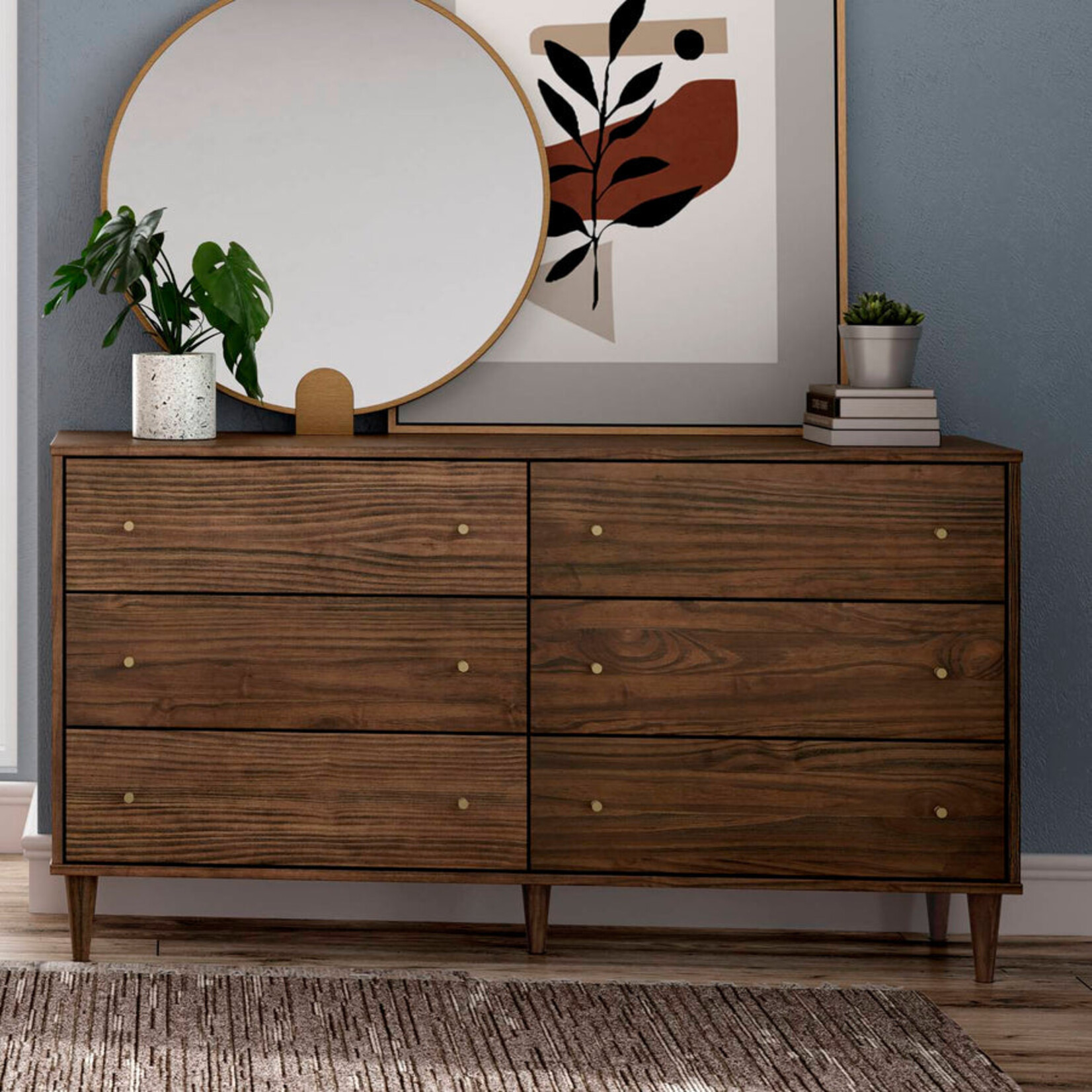 GrainWood MID CENTURY 6 Drawer Dresser - Solid Wood - Finish Brushed Walnut