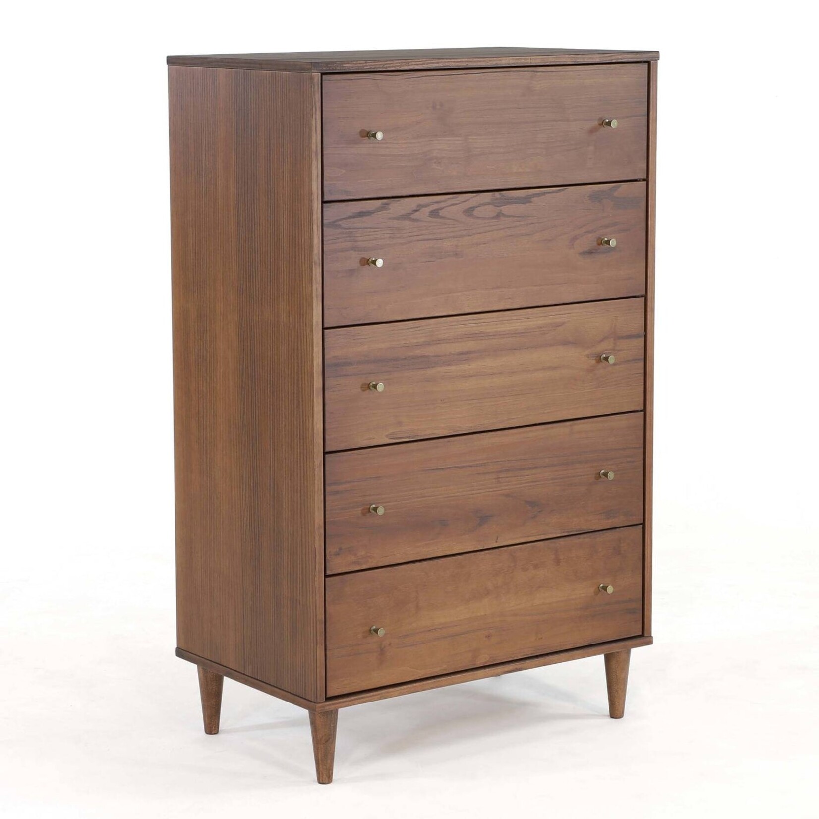 GrainWood MID CENTURY 5 Drawer Chest - Solid Wood - Finish Brushed Walnut STURDY
