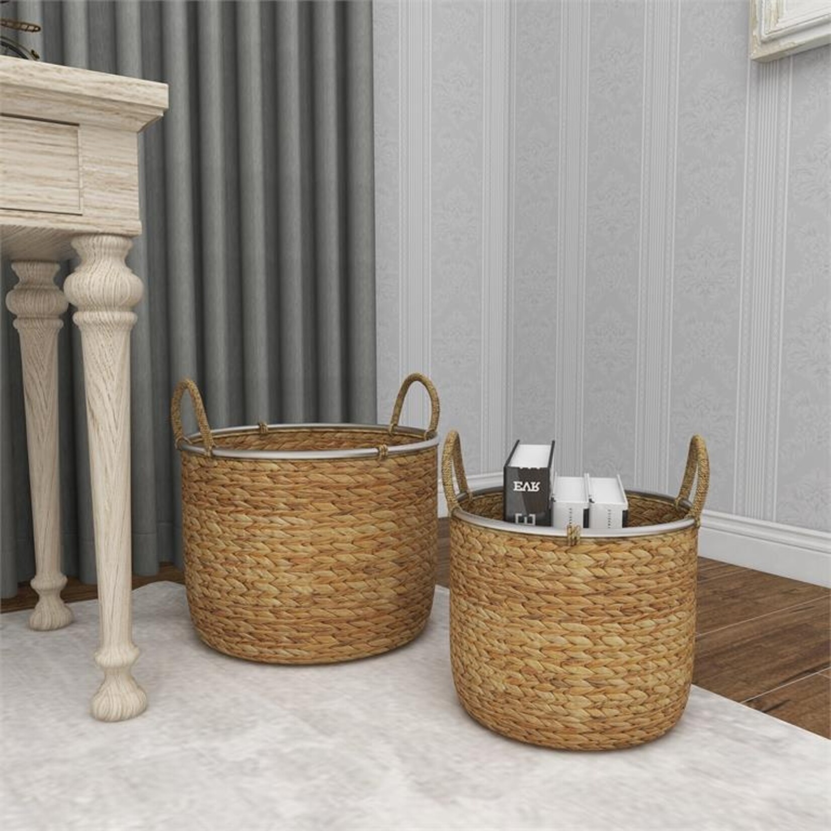 Uma Light Brown Seagrass Handmade Decorative and Functional Storage Basket with Handles, Set of 2