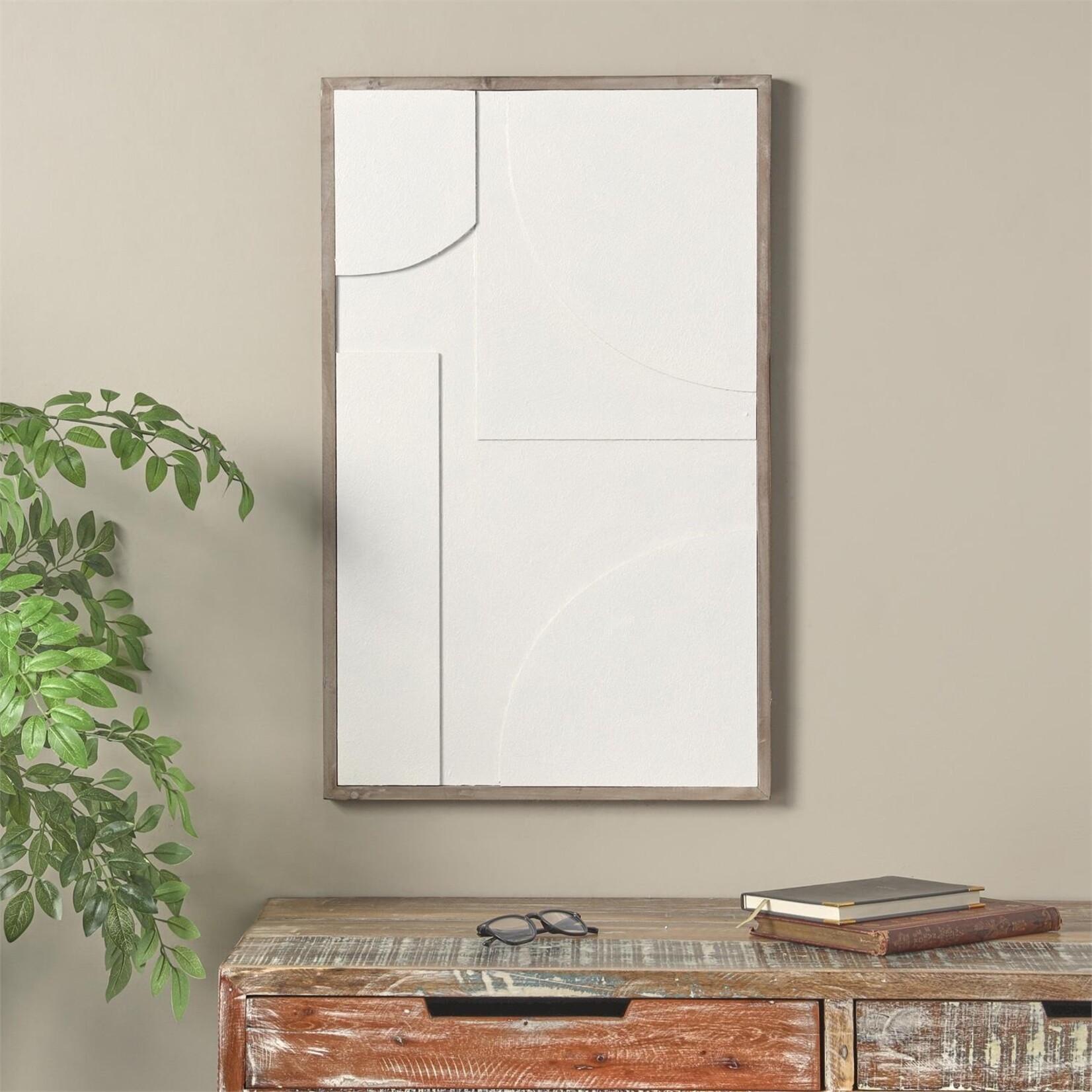 Uma White Wood Geometric Textured Dimensional Shape Home Wall Decor with Brown Wooden Frame