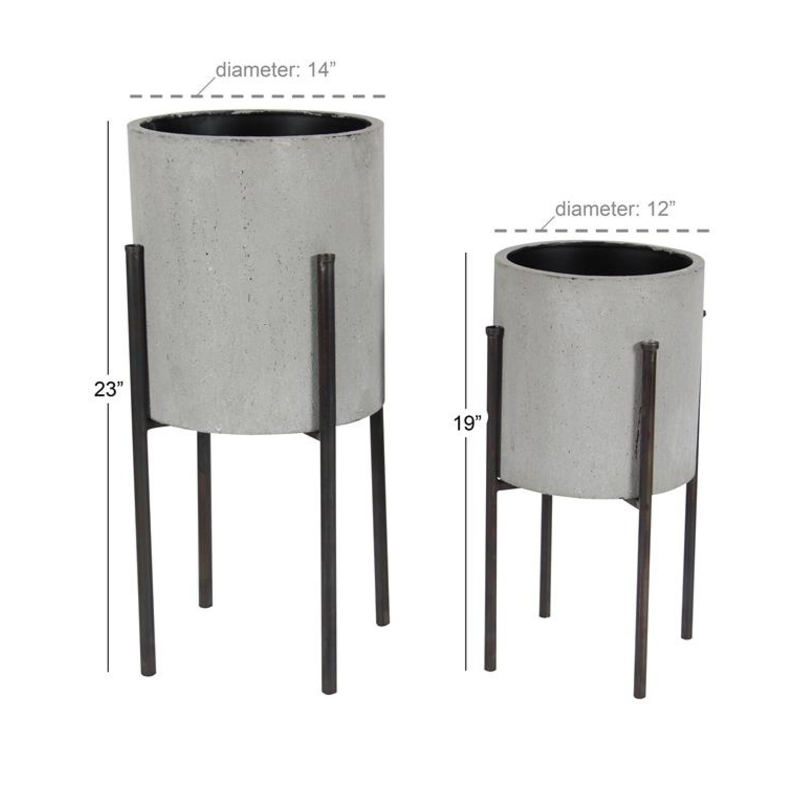 Uma Light Gray Metal Textured Minimalistic Indoor Outdoor Planter with Black Removable X-Stands, Set of 2