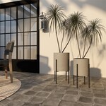 Uma Light Gray Metal Textured Minimalistic Indoor Outdoor Planter with Black Removable X-Stands, Set of 2