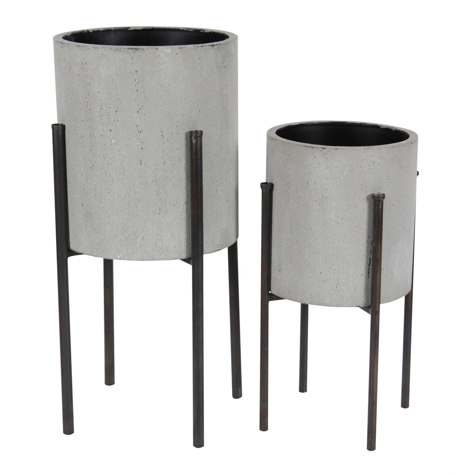 Uma Light Gray Metal Textured Minimalistic Indoor Outdoor Planter with Black Removable X-Stands, Set of 2