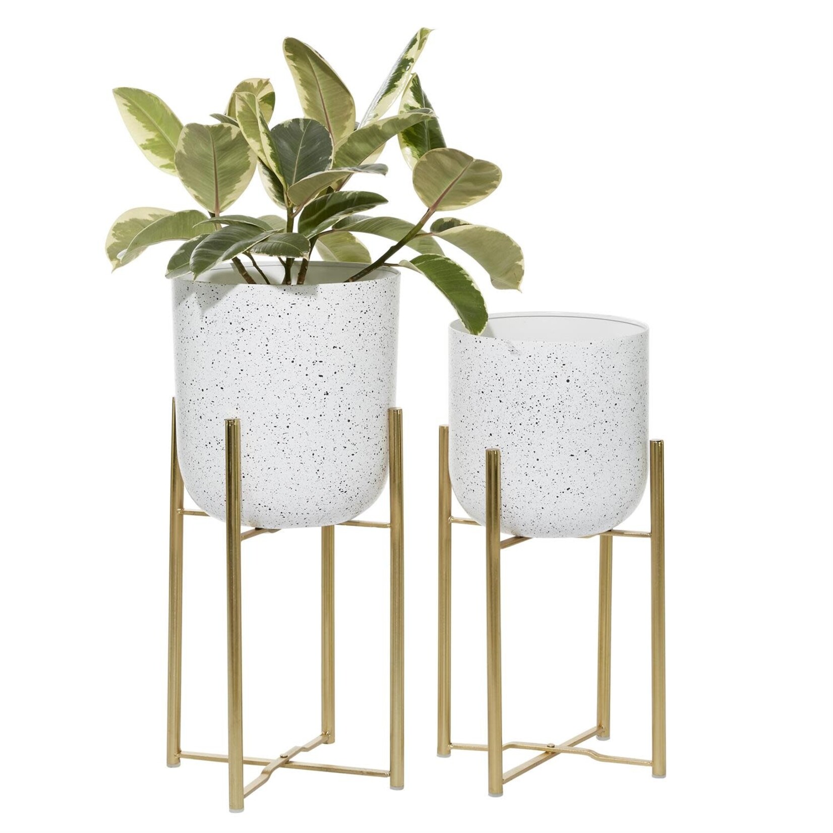 Uma White Metal Deep Dome Speckled Indoor Outdoor Planter with Removable Stand, Set of 2