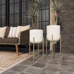 Uma White Metal Deep Dome Speckled Indoor Outdoor Planter with Removable Stand, Set of 2