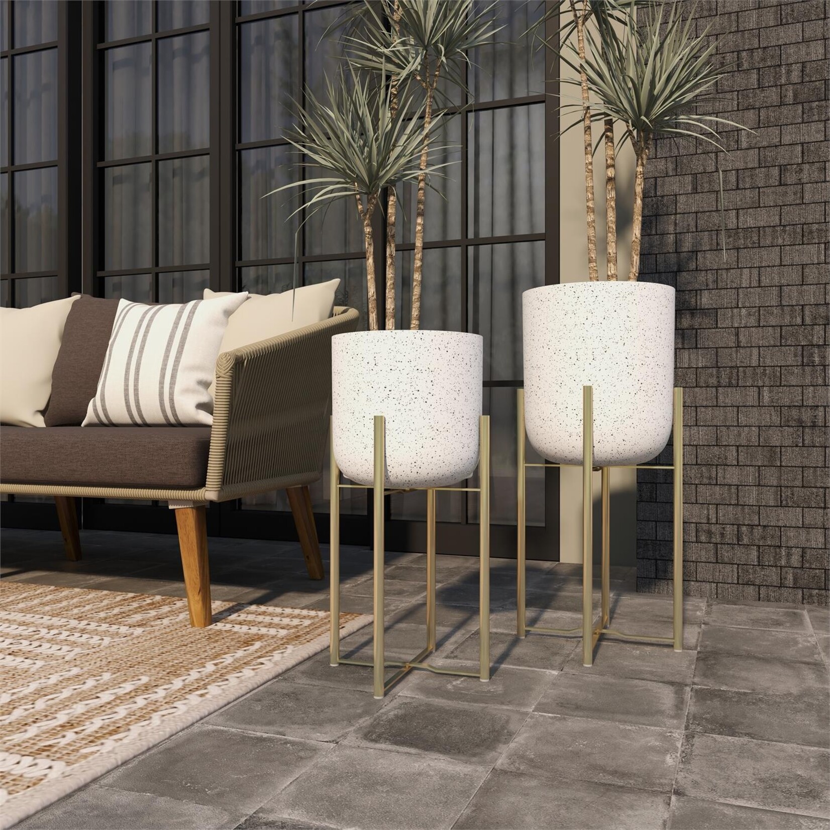 Uma White Metal Deep Dome Speckled Indoor Outdoor Planter with Removable Stand, Set of 2