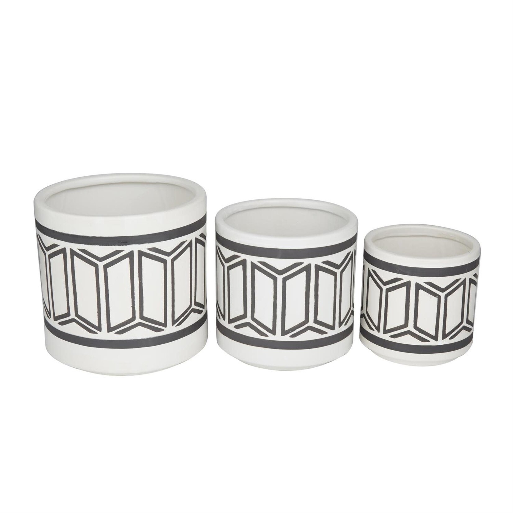 Uma White Ceramic Indoor Outdoor Planter with Tribal Pattern, Set of 3